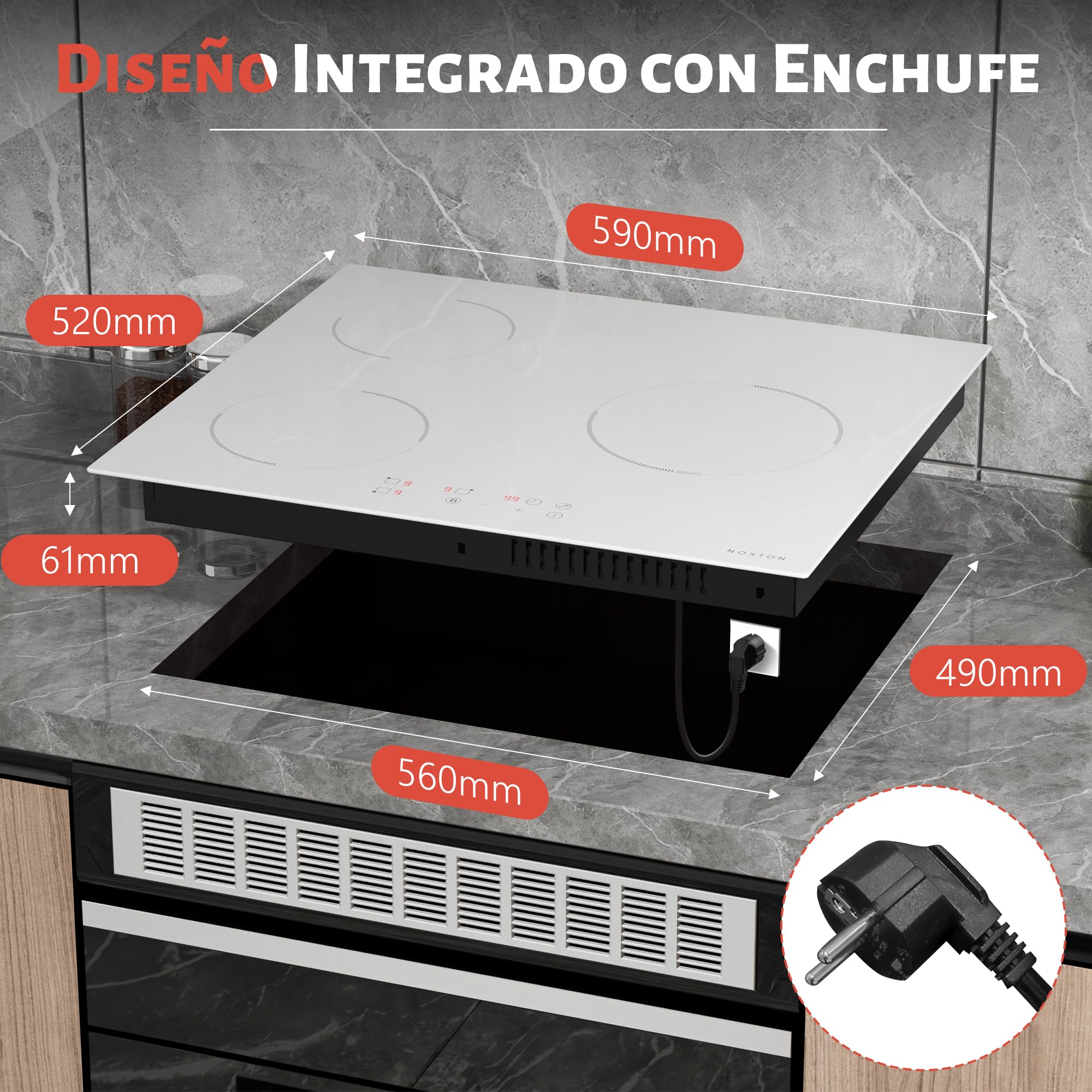 NOXTON Placa de Inducción Blanca 3 Fuegos, 60 cm, con Enchufe | NOXTON unción de Boost, Control táctil, Temporizador, Bloqueo de Seguridad, Apagado Automáti, 220 V - 240 V, 3500 W