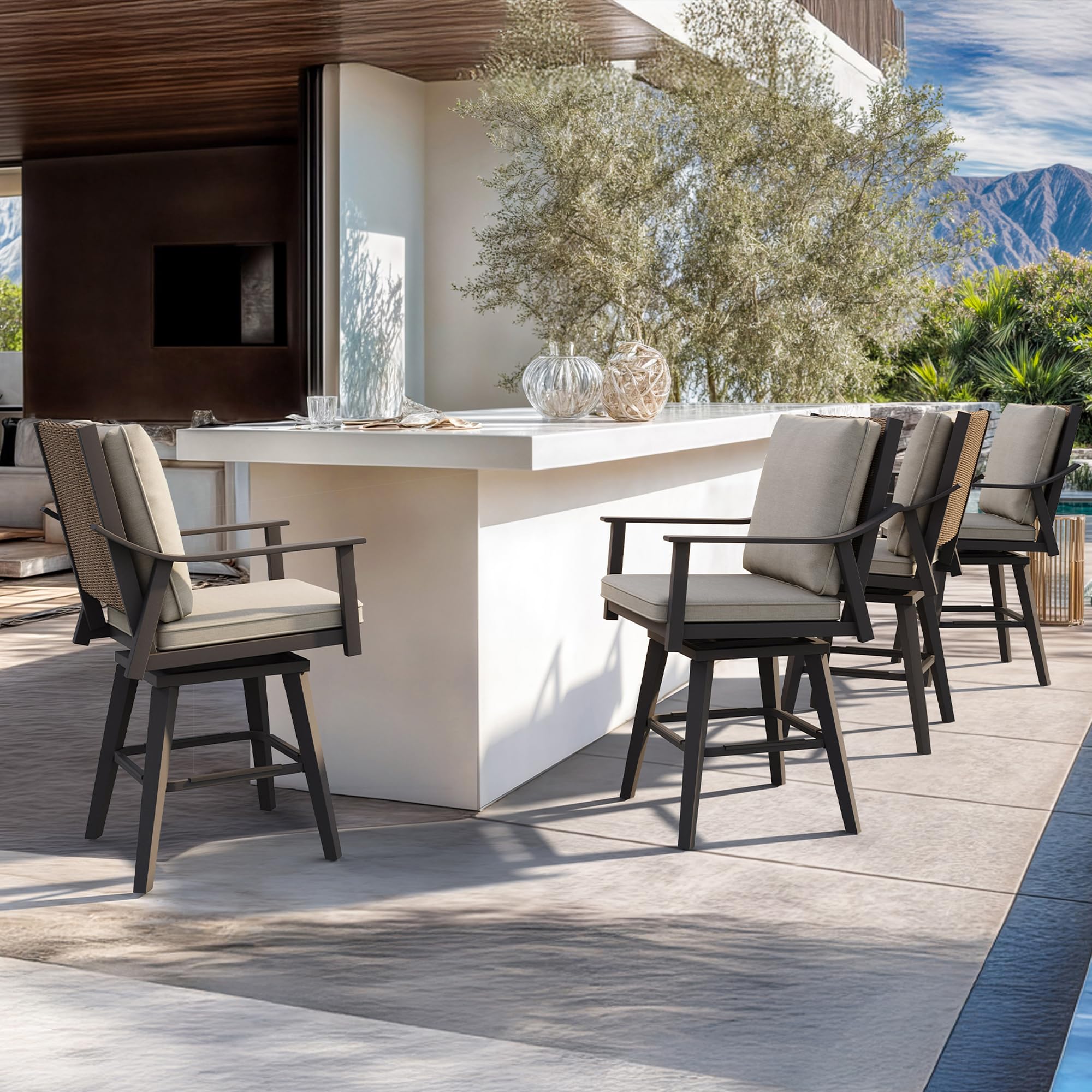 PURPLE LEAF Outdoor Swivel Bar Stools Set of 4 Counter Height Bar Stool Chairs with Thick Cushions and Pillows Heavy Duty Patio Rattan Barstool for Garden Lawn Balcony Kitchen