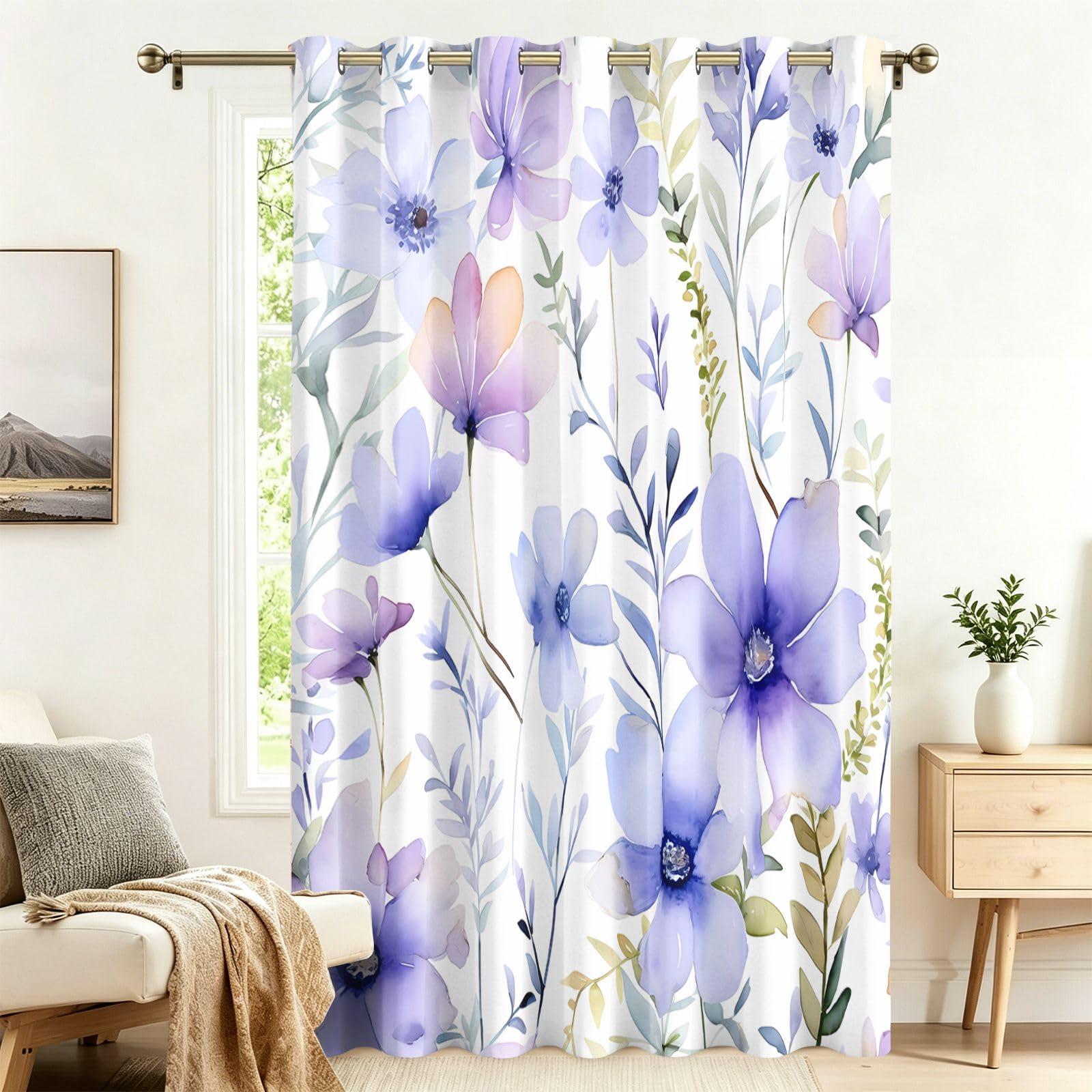 Fadaing Purple Flower Curtains with Eyelets, 1 Piece, Room Divider Curtains, Blackout 220 x 140 cm, Darkening Thermal Curtains, Heat Insulating, Winter, Summer, Thermal Protection, Indoor Sun