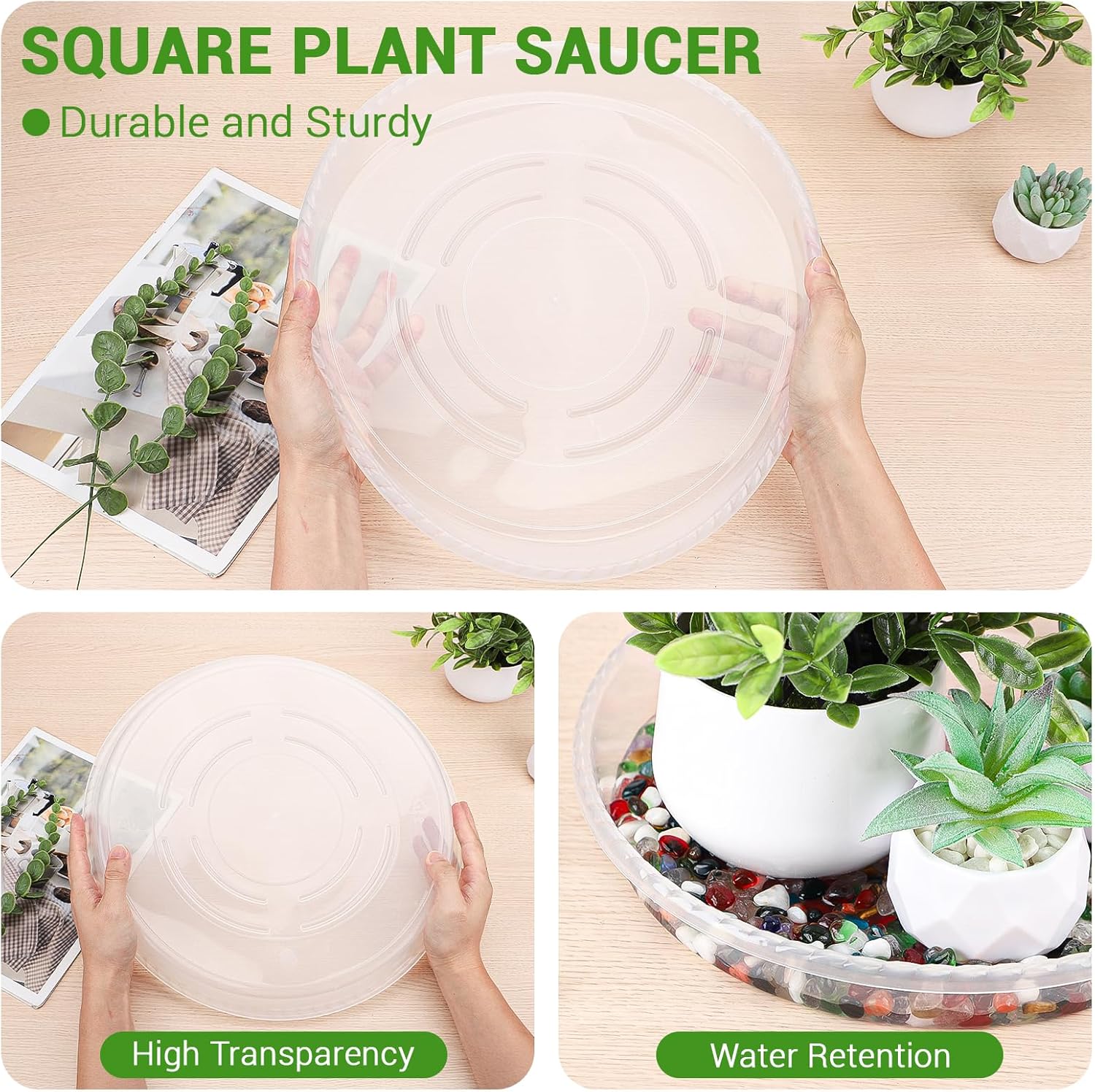 GREANER 15 Inch Plastic Plant Trays, 6PCS Pot Saucers for Plants, Large Plant Plate Dish for Indoor Flower Pots and Planters, Clear Plant Saucer Drip Trays for Plant Accessories