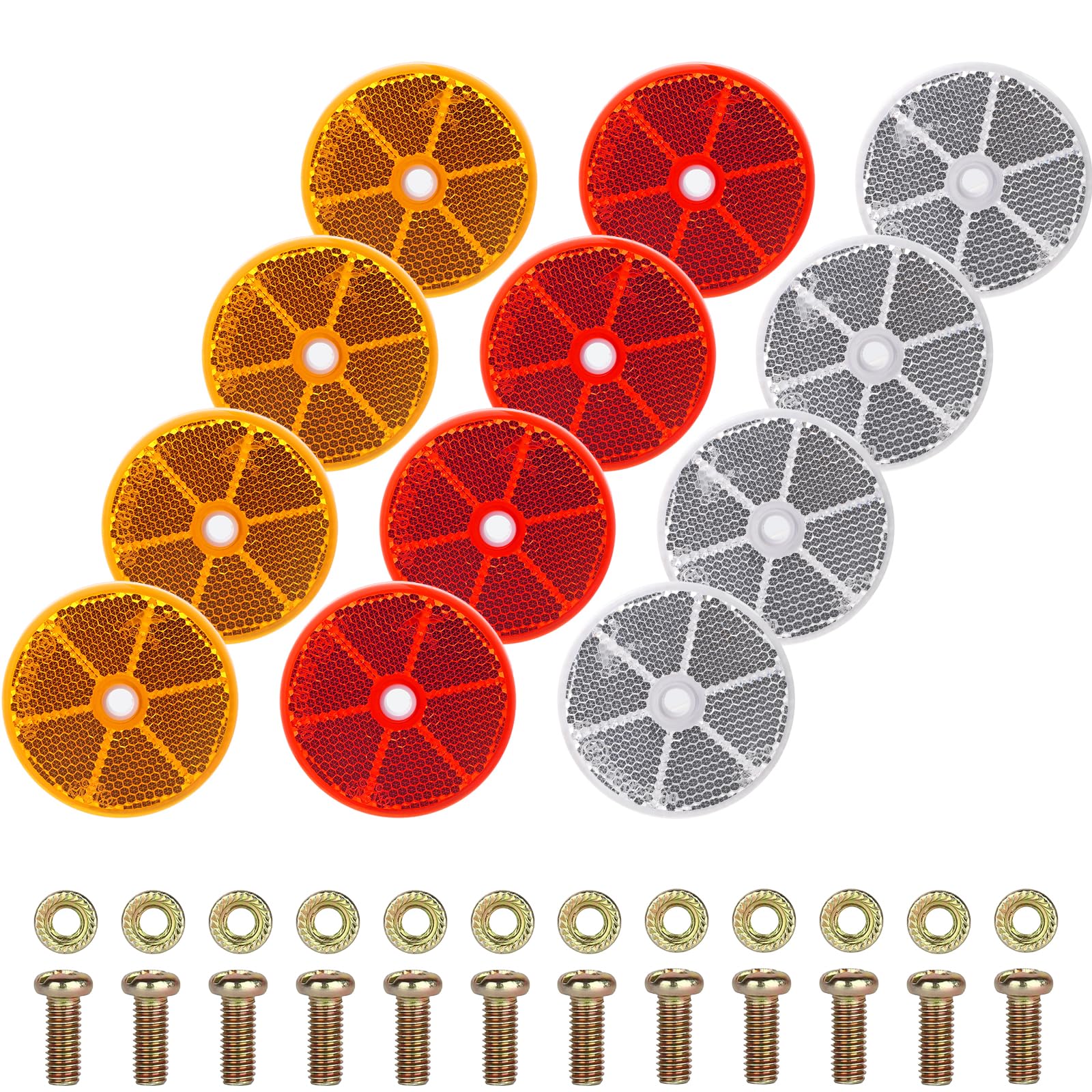 GOWTX 12 Stück Rund Rückstrahler in 3 Farben, Ø60mm Katzenaugen Seitenstrahler Anhänger, Runde Reflektoren zum Anschrauben, Anschraubbar Katzenauge Seitenstrahler für Pkw LKW(Orange Weiß Rot)