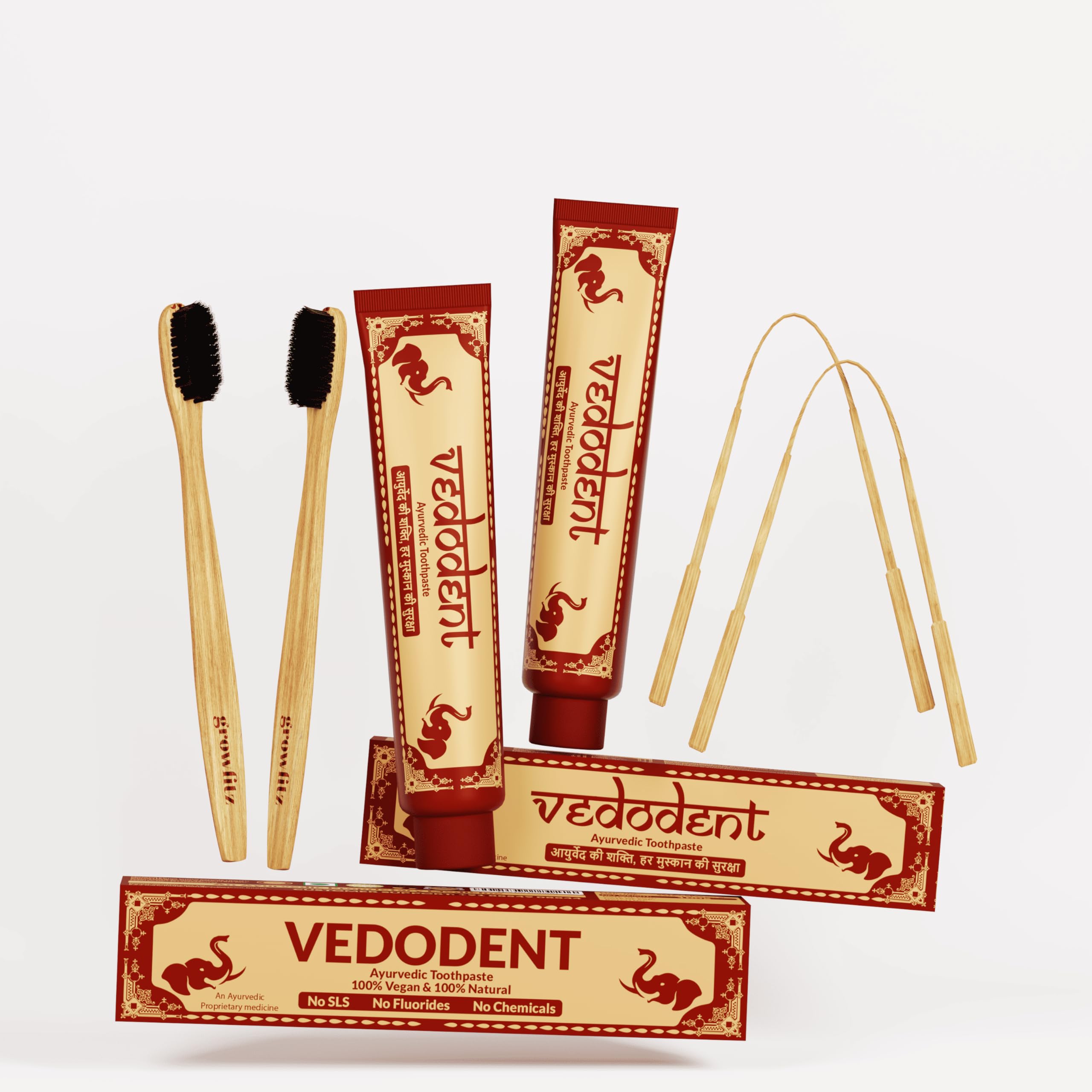 Growfitz Vedodent Herbal Ayurvedic Red Toothpaste 100g, Toothbrush, Tongue Cleaner Combo Set | Teeth Whitening, No Artificial Colors | Goodness Of 21 Ayurvedic Herbs | Fresh Breath (Pack of 2)