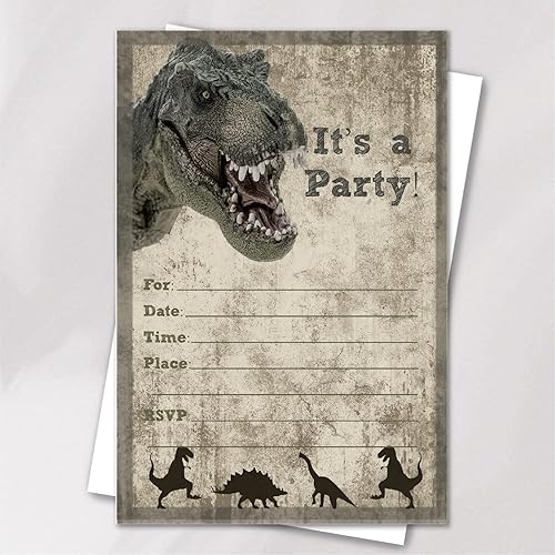 VNWEK T-Rex - Invitaciones de fiesta de cumpleaños de dinosaurio para niños con sobres, con temática de dinosaurio, tarjetas de invitación de
