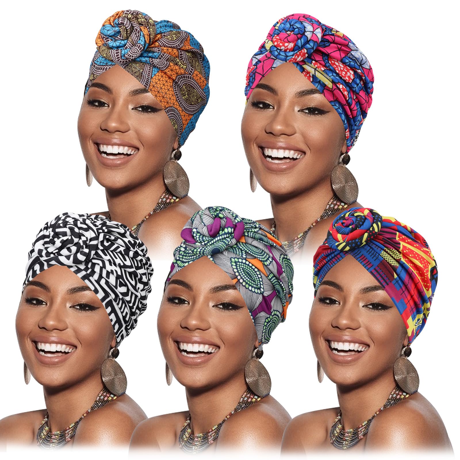 DRESHOW 5 Pack Knotted Headwraps for Women African Turban Pre-Knotted Beanie Headwraps Hair Covers