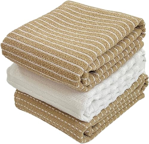 Toallas de cocina blancas de gran tamaño 100% algodón, suave, absorbente, surtido de rizo acanalado, juego de 4 multiusos para uso diario (beige
