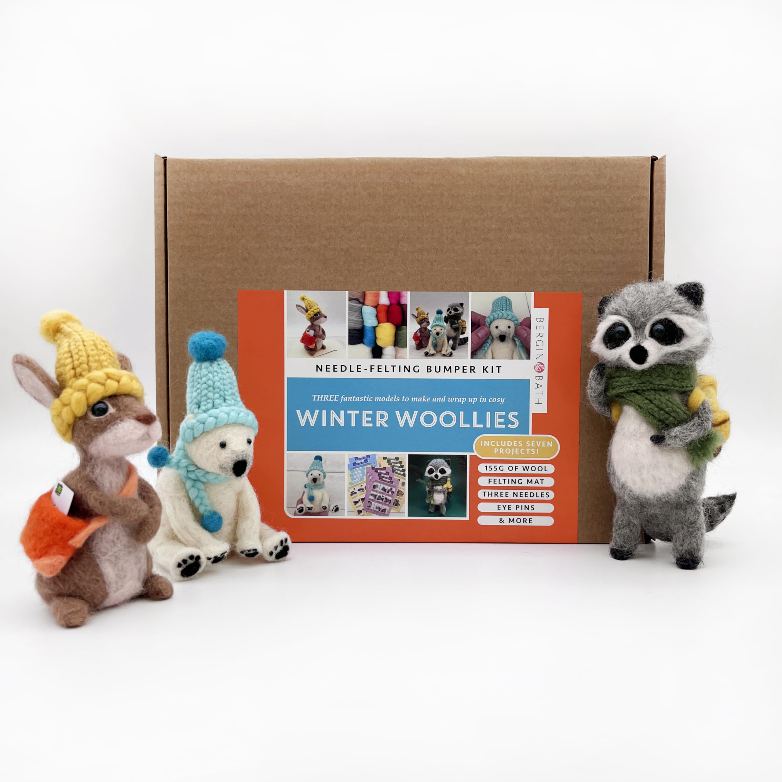 Bergin & Bath Needle Felting Bumper Kit - Winter Woollies. A Premium Adult Craft kit. Learn to Make a Polar Bear, a Bunny and a Raccoon and Accessories.