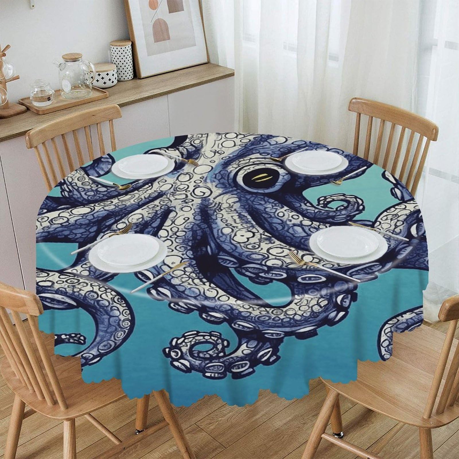 VstaDank Octopus Design Round Tablecloth Premium Polyester Table Cloth Heavy Duty Washable Fabric Tablecloth Waterproof Holiday Table Cover Decorative Tablecloths for Dining 60"