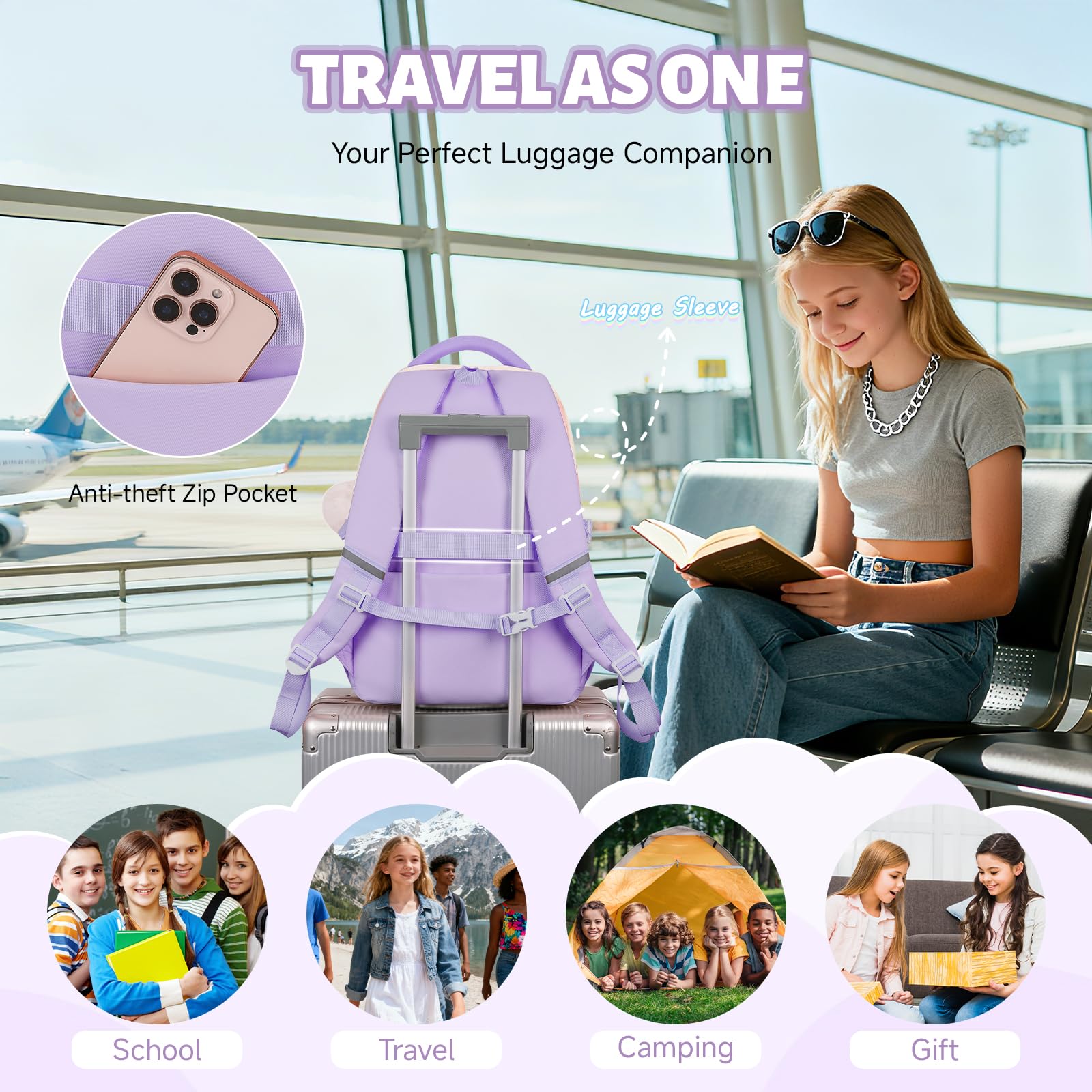 Amythe Sac à Dos Fille Kawaii, Cartable Scolaire Ado 24L, Cartable pour Fille Primaire Collège avec Réflecteurs (9-16 Ans), Sac D'école Enfant pour École Voyage et Loisirs, Violet