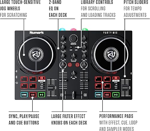 Miniatura 4 de Controlador de DJ y paquete DMX – Set de DJ con luces Paty, interfaz de audio y conectividad USB – Numark Party Mix II e interfaz SoundSwitch Micro