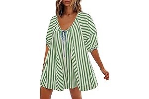 Rompers for Women, Cute Puff Sleeve Drawstring Waist Beach Dress with Pockets