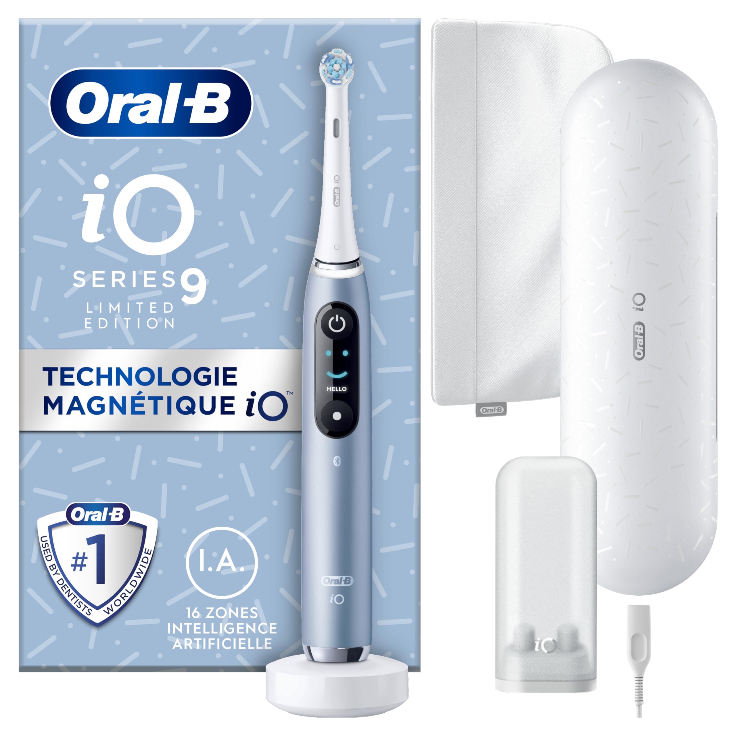 Oral-B Brosse A Dents Electrique iO 9 Bleue, 7 Modes De Brossage Dont Blancheur Et Soin Des Gencives, 16 Zones De Nettoyage, Ecran Interactif, Brossette Oral B De Rechange, Etui De Voyage
