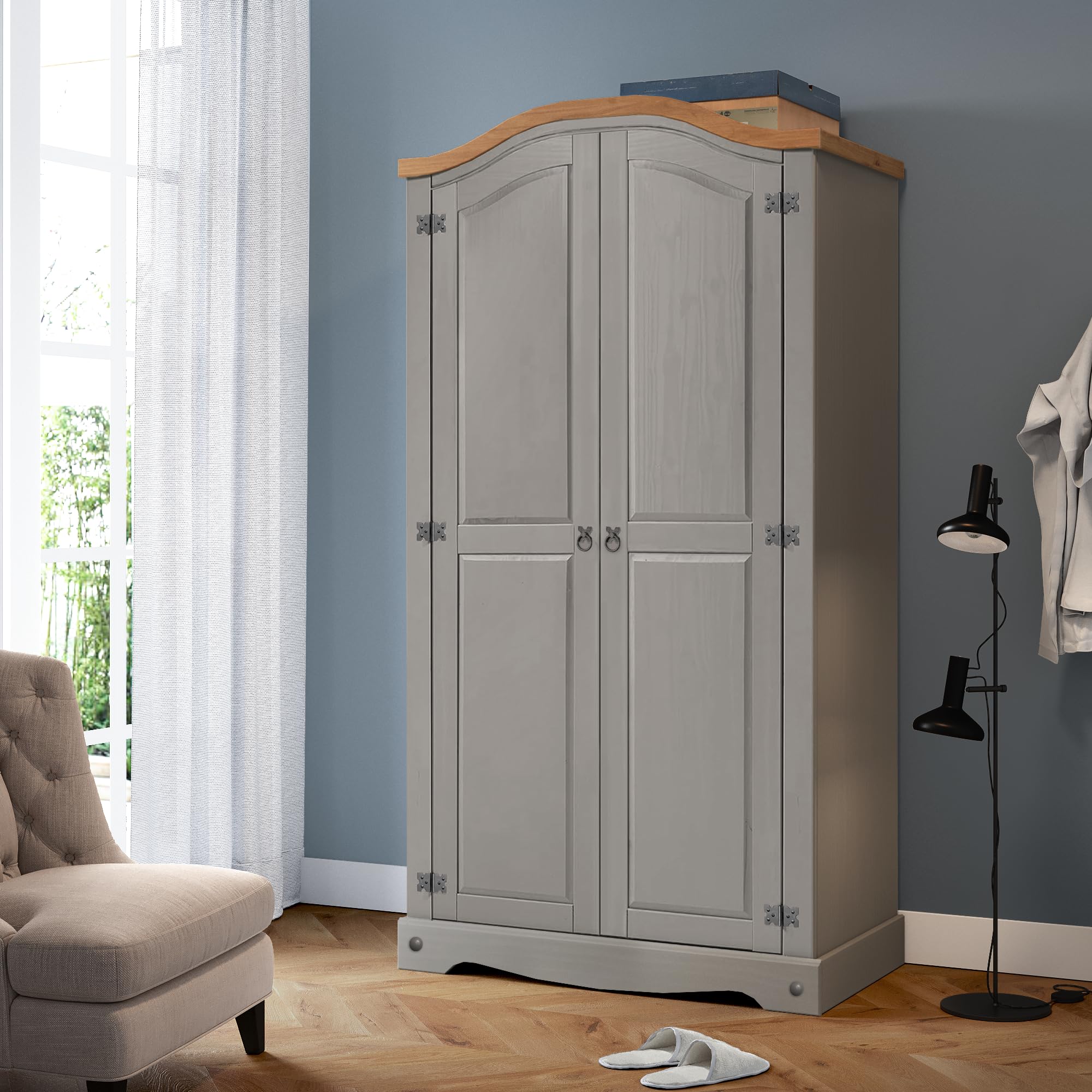 Mercers Furniture Corona Grey Wax 2 Door Arch Top Wardrobe - Solid Pine - Mexican Styling - Grey