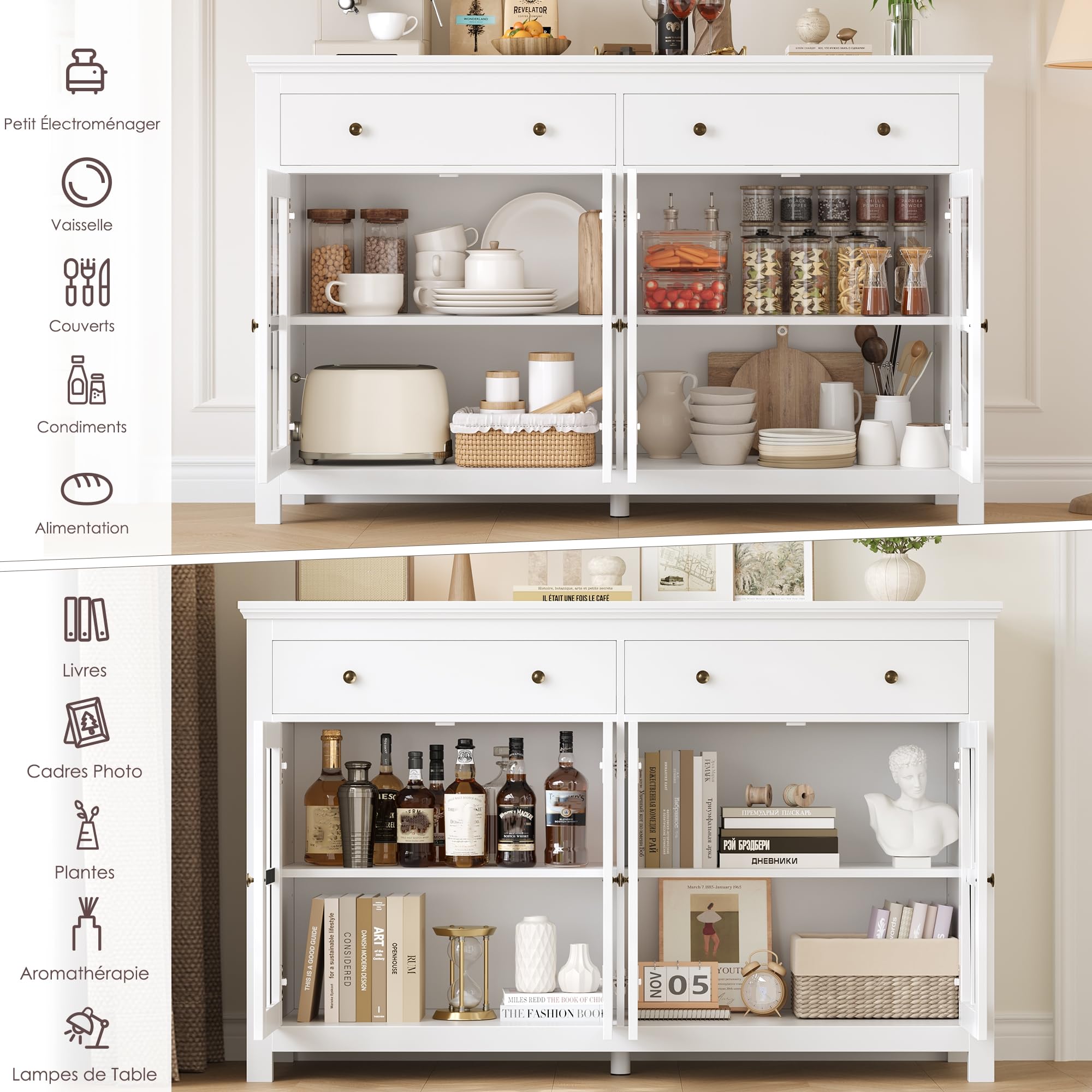 FirFurd Buffet Portes Vitrées Meuble Cuisine Rangement Blanc 140x40x90.7cm | Vaisselier 4 portes et 2 tiroirs | Grand plan de travail | Étagères réglables | Verre trempé | Pour salle à manger, salon