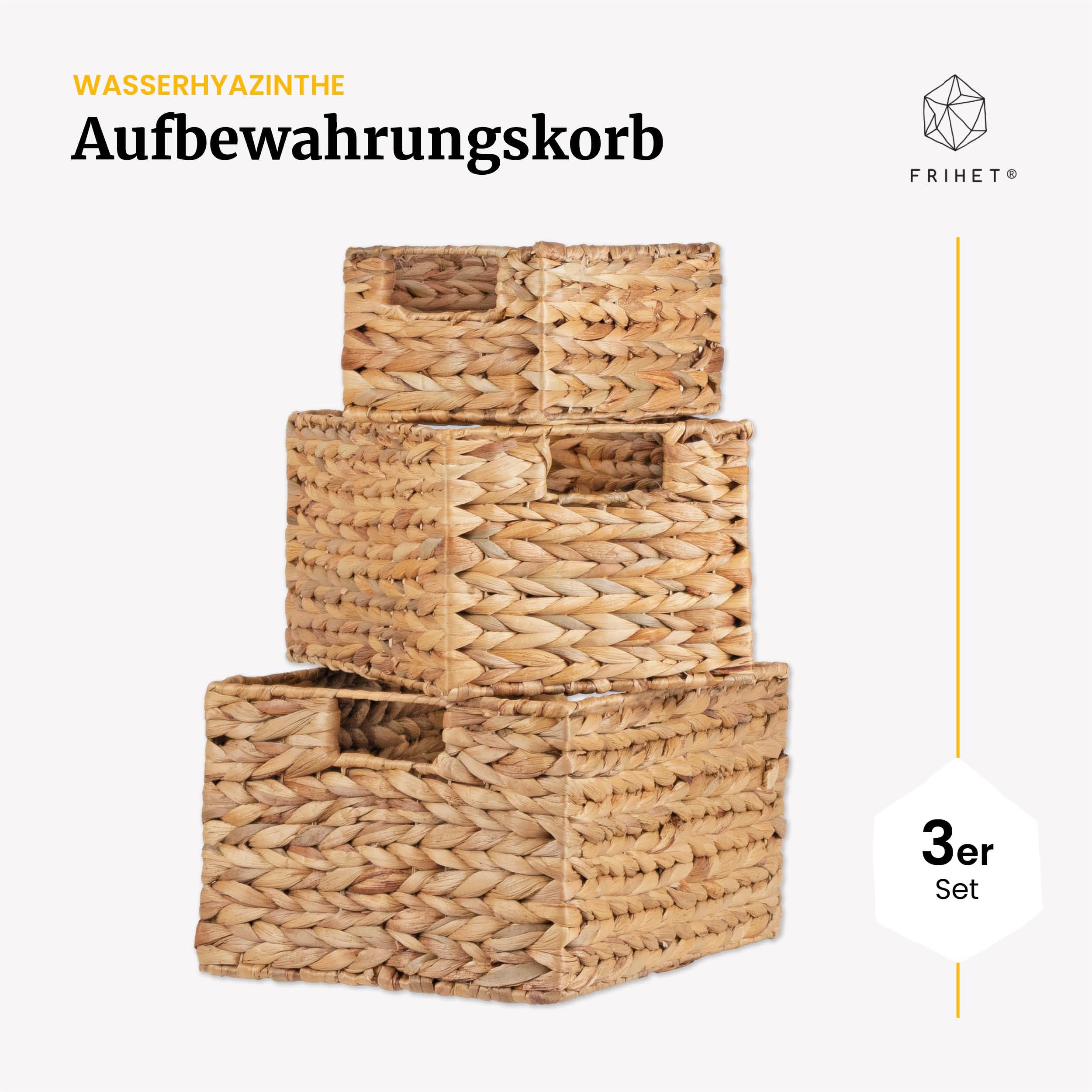 FRIHET Panier de rangement rectangulaire tressé en jacinthe d'eau | Boîte de rangement avec poignées | Petit panier à linge | Organiseur de penderie etc. | Différentes tailles (lot de 3, taille 1+2+3)