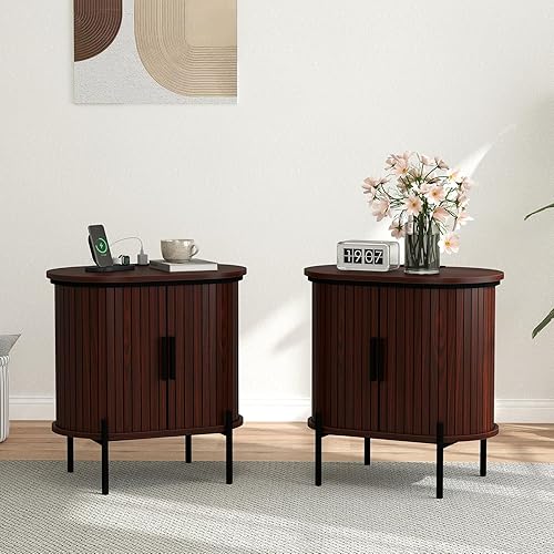 Miniatura 8 de Bonzy Home Mesita de noche redonda, mesa auxiliar acanalada, mesita de noche moderna de mediados de siglo con estación de carga, mesa auxiliar con