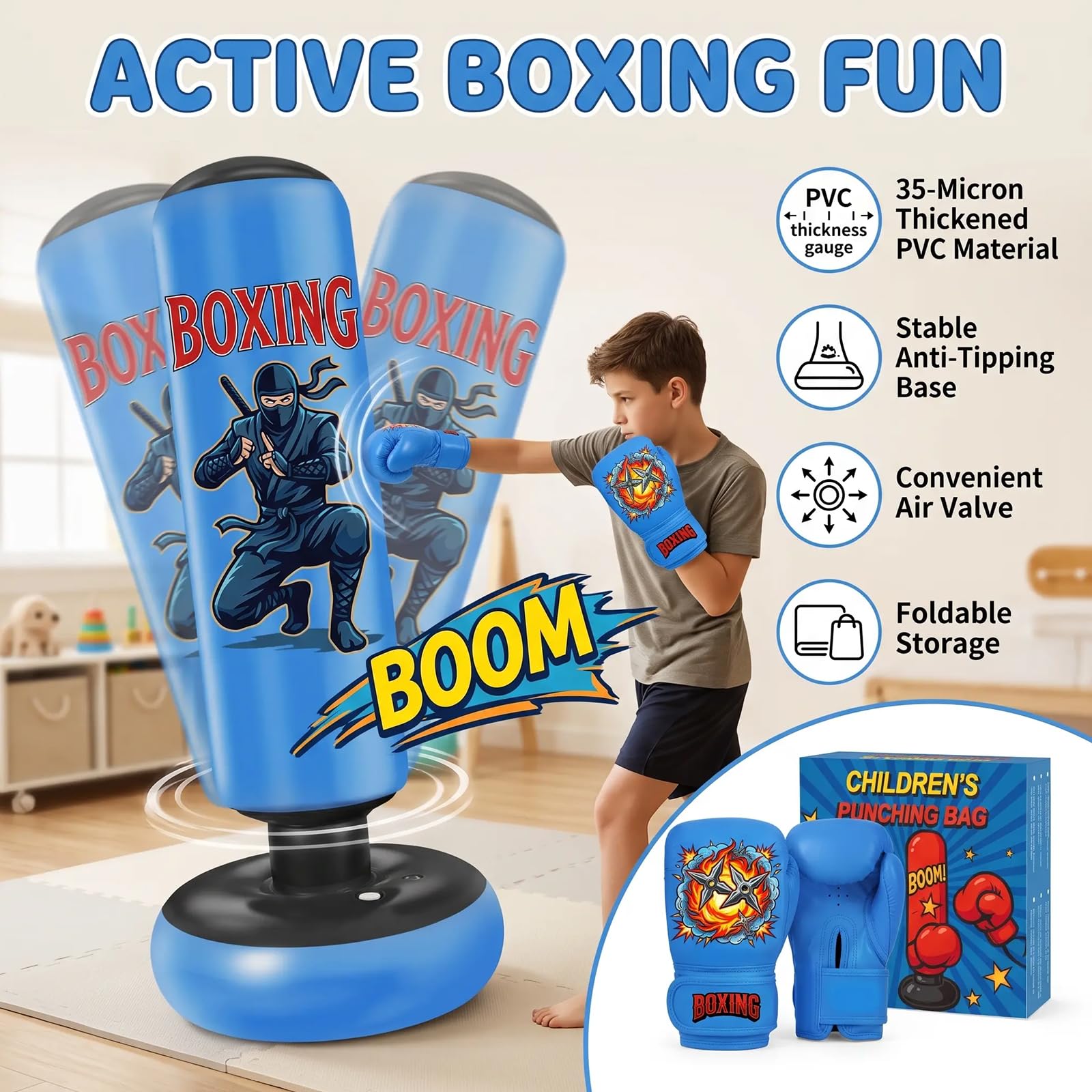 Qoosea Sacco da Boxe per Bambini, 165cm Stabile Pungiball Bambini con Guantoni de Box, Sacco da Boxe da Terra Gonfiabile per Taekwondo Karate MMA, Regalo per Ragazzi Ragazze