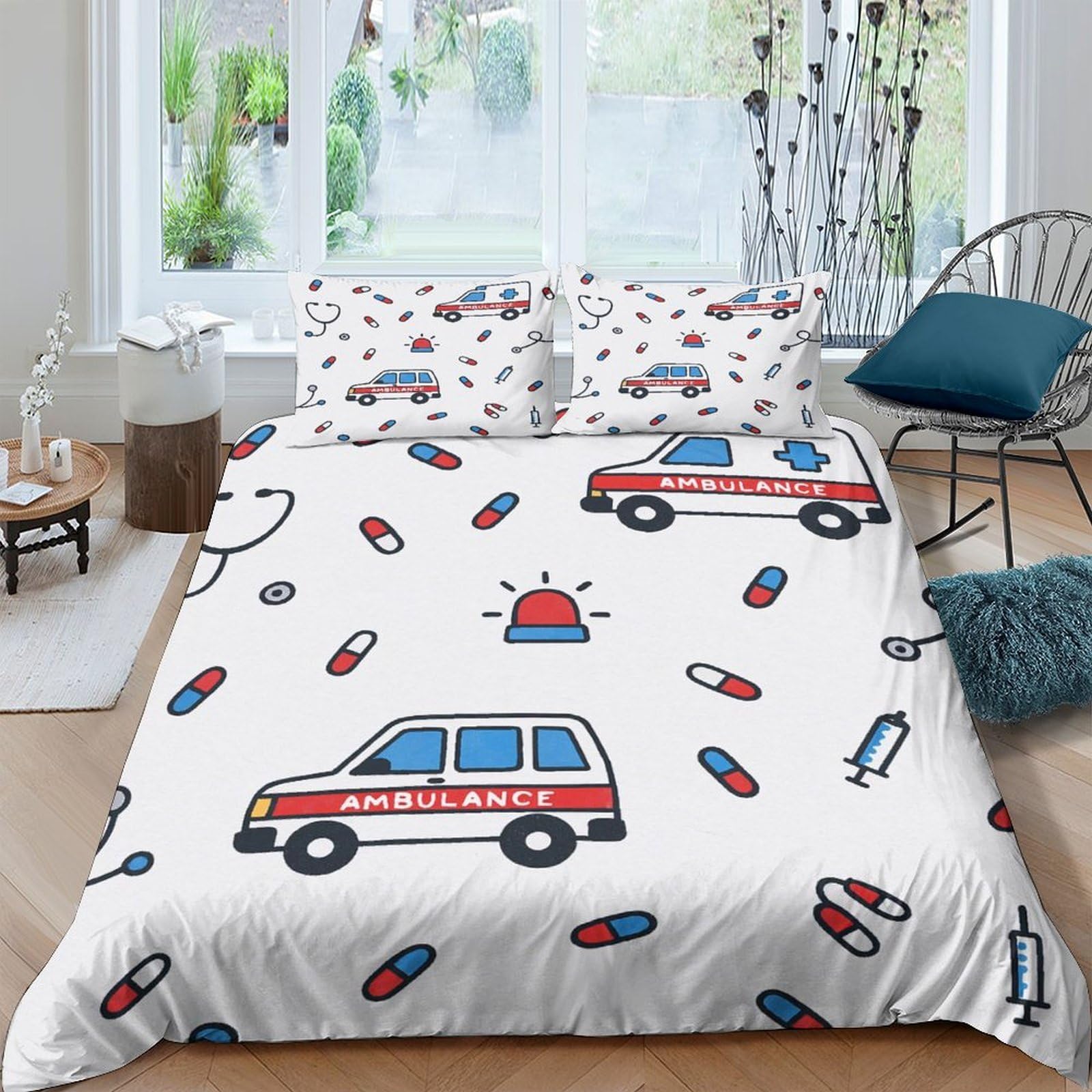 Ctjqhvkz Style-9 3D Printed Ambulance Cartoon Fitted Sheet Microfiber Soft Non-Slip Police Car Bed Cover For Bedroom Dorm Mattress Decor Single（135X200cm）