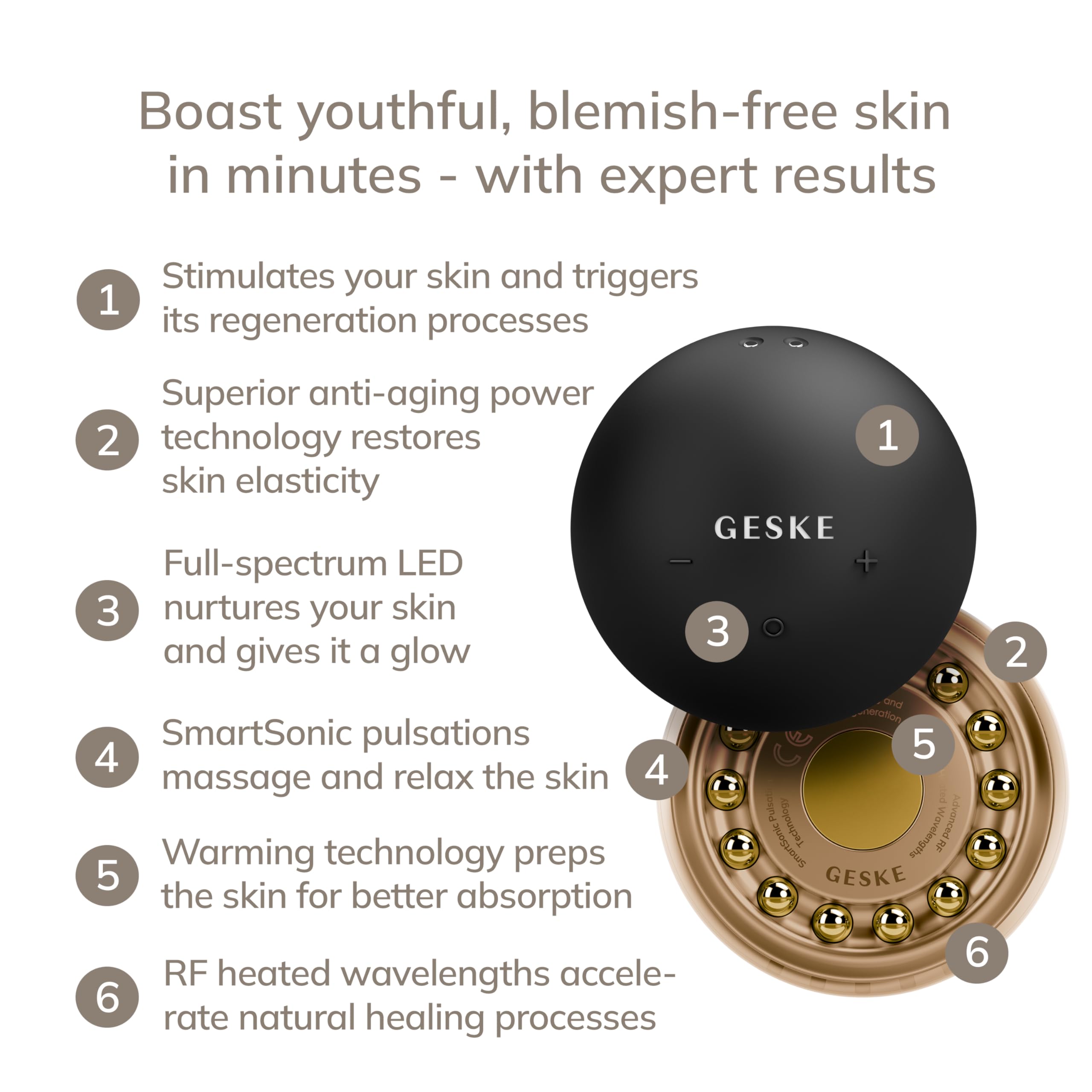 GESKE Anti-Aging Skin Tightener | 6 in 1 | Wärmetechnologie | SmartAppGuided™ | Fortschrittliches Anti-Aging | Radiofrequenz Hautstraffung | Hauterneuerung mit SmartSonic Pulsations