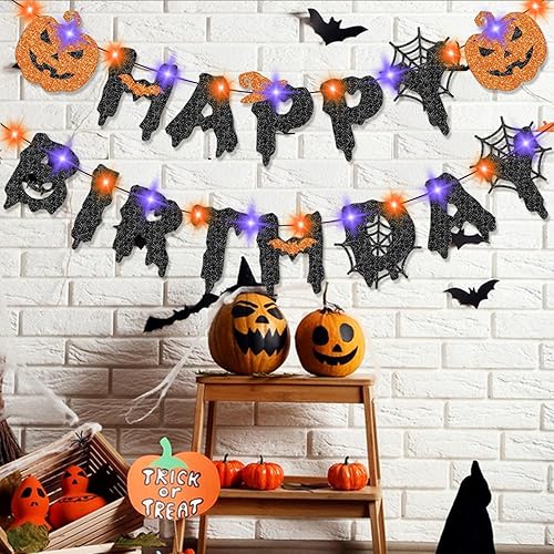 Miniatura 2 de Cartel de feliz cumpleaños de Halloween con luces, decoración de fiesta de cumpleaños de Halloween iluminada para mujeres, hombres, niñas y niños,