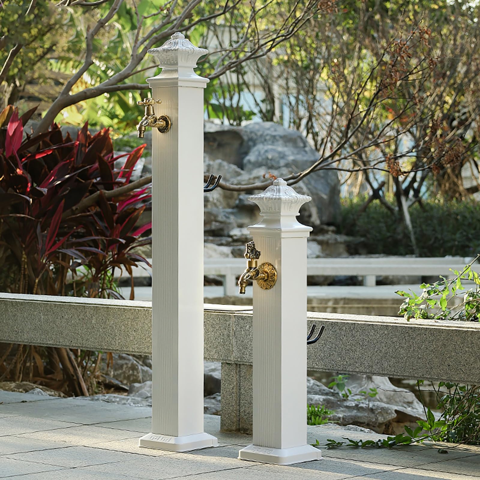 Colonne d'eau carrée verticale pour jardin avec robinet en cuivre, fontaine décorative d'extérieur et support de tuyau d'arrosage, borne d'arrosage sur pied pour patio/jardin, blanc (9, 17*7