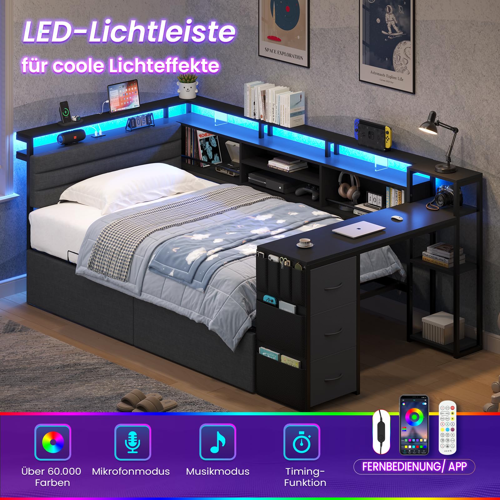 Jugendbett 90x200 mit LED-Beleuchtung und Ladestation |Polsterbett mit 91x35 cm integriertem Schreibtisch |Tagesbett mit gepolstertem Kopfteil |Daybed |Offene Fächer mit Schutzstangen |Schwarz