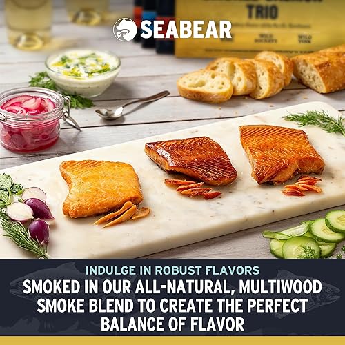 Vista 3 de SeaBear Smoked Salmon Trip 18oz (3 x 6oz) Fillets Gift Box – Wild Alaska Sockeye, Wild Pink & Wild Coho Fillets, Shelf Stable, Ready to Eat, 18