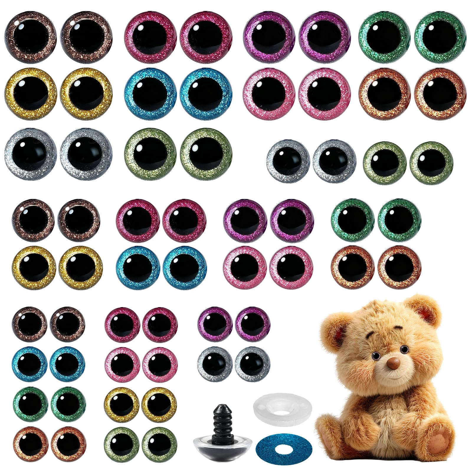 60Pcs 3D Glitter Safety Eyes, 12 16 20mm Crochet Eyes, for Crochet Toys