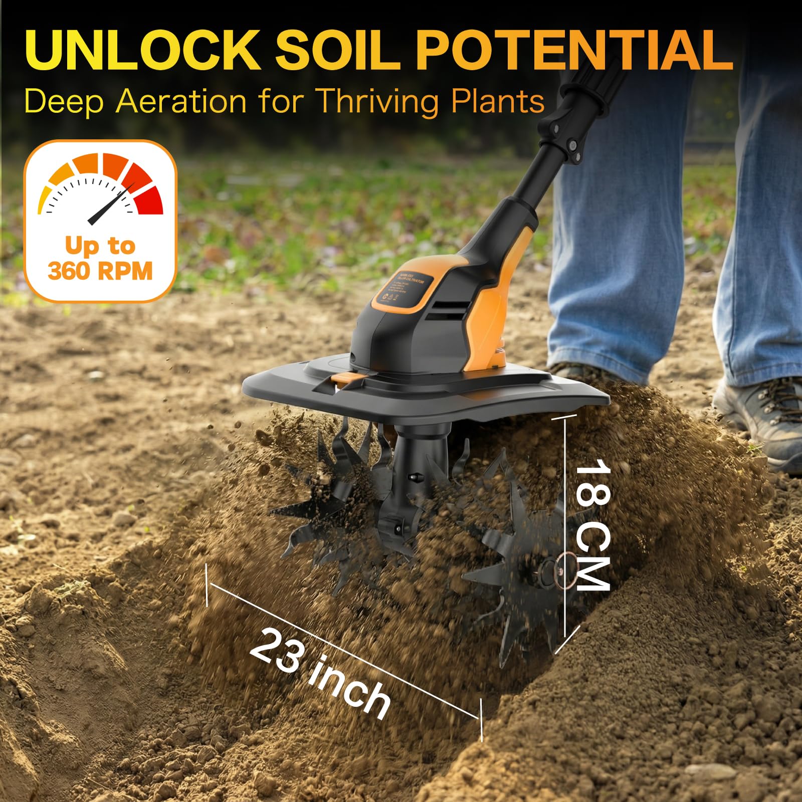 Motobineuse sans Fil 20V avec Batterie 4.0Ah et Chargeur, Cultivateur Motoculteur Rotatif Électrique, Largeur 23cm Profondeur 18cm, pour Petit Jardin et Parterres de Fleurs