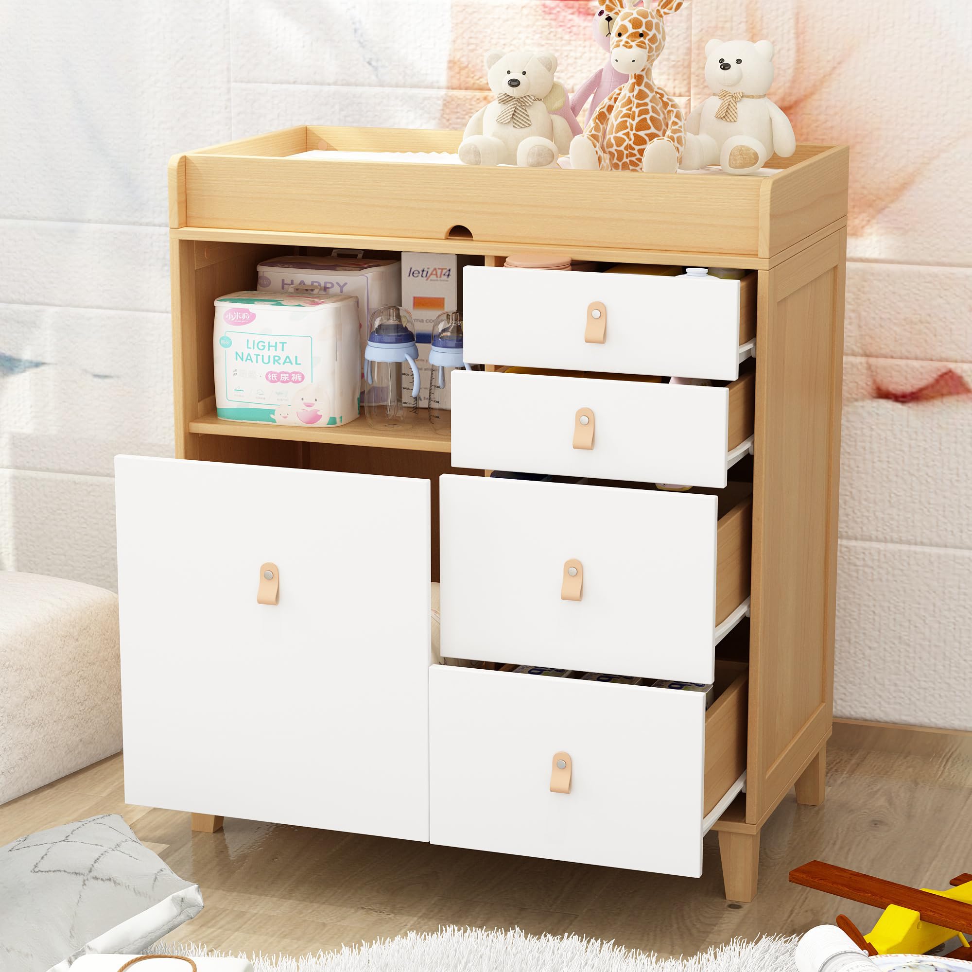 Cambiador con 5 cajones y barandilla protectora, estantería para cambiar pañales con espacio de almacenamiento abierto, 85 cm x 46 cm x 98 cm, MDF, color blanco y madera