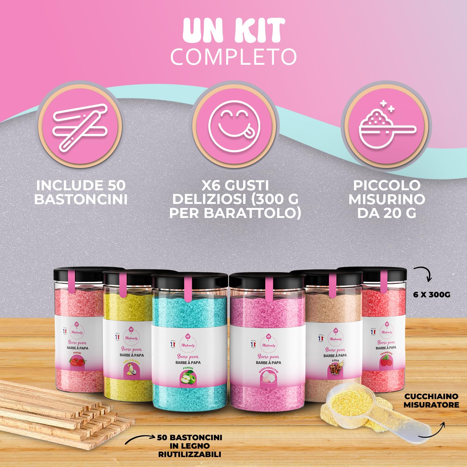 Misskandy, zucchero filato per macchina/lotto da 1,8 kg (6 * 300g) / aromi: fragola, pina colada, marshmallow, mela, cola, lampone + 50 bastoncini di (30 cm)