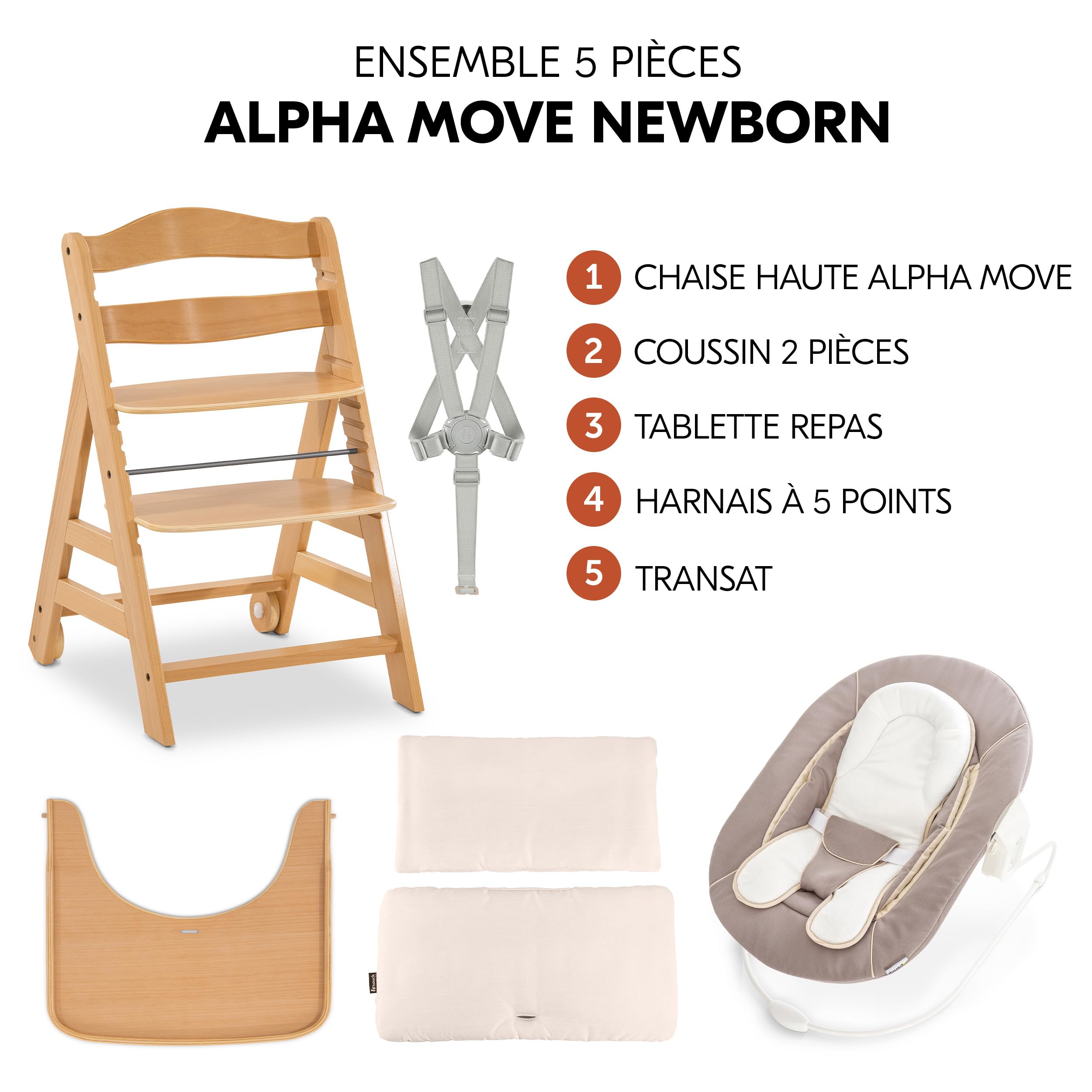 hauck Chaise Haute Bébé Alpha Move avec Siège Nouveau-né 2 en 1 - Natural | Chaise haute évolutive en bois, de la naissance à 90 kg, inclus assise bébé, coussin, plateau repas, roues
