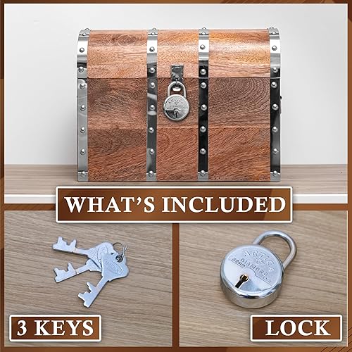 Miniatura 3 de Cofre del tesoro pirata hecho a mano con cerradura y llaves, baúl de almacenamiento de madera vintage de 16 x 12 pulgadas con tapa con bisagras,