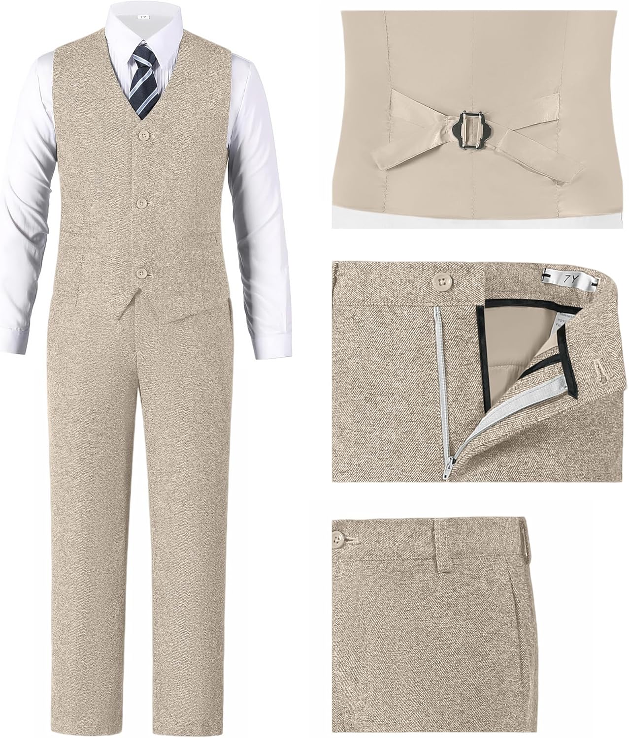 Tweed Boys Suit Herringbone 6pcs Suits for Boy Slim Fit Tuxedo Formal Jacket Wedding Shirt Blazer Vest Pants Set with Tie