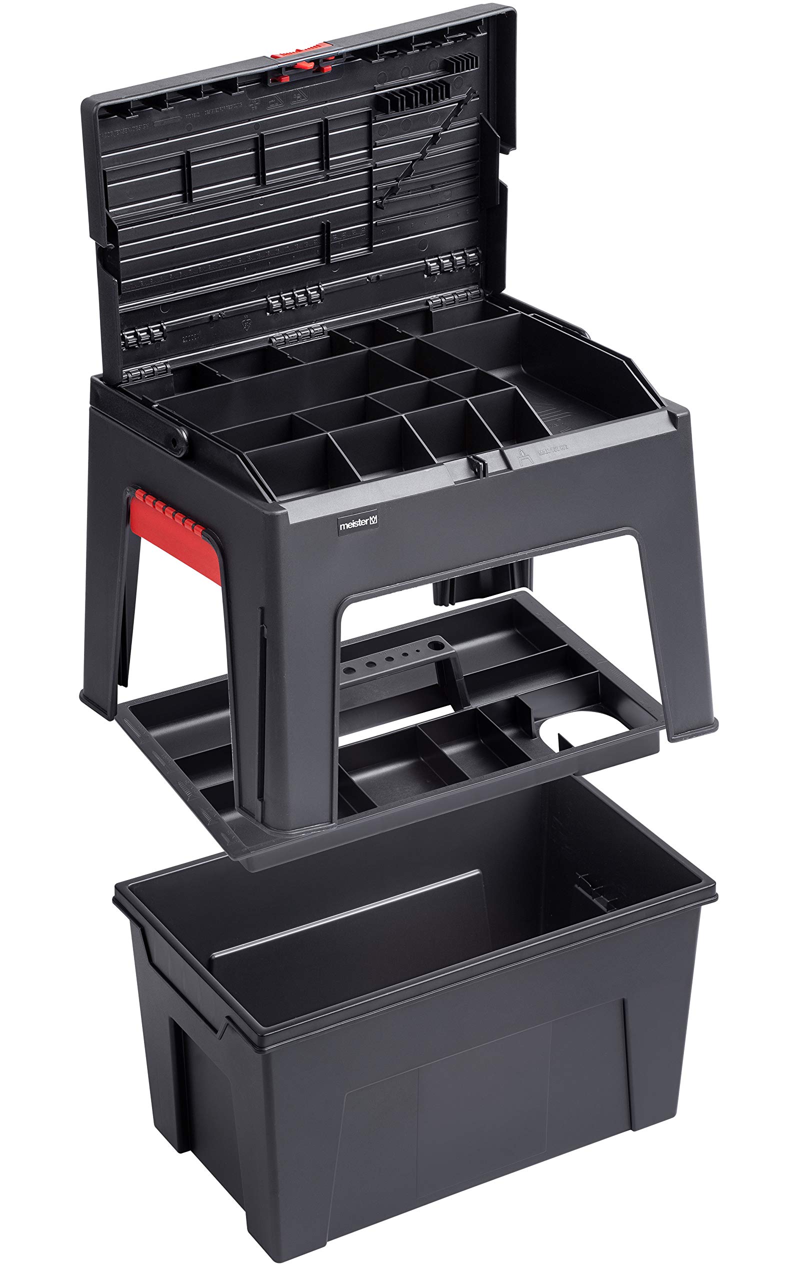 Meister Taburete 3 en 1 – 460 x 280 x 300 mm – con caja de herramientas y bandeja para herramientas – Capacidad de carga de 150 kg – De polipropileno estable/Caja de herramientas/Caja de
