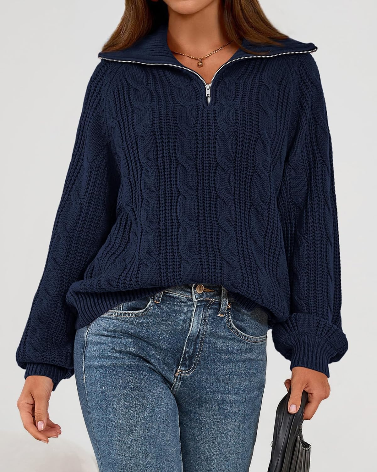 BTFBM Sweaters for Women Fall Fashion 2025 Loose Quarter Zip Pullover Collared Long Sleeve Cable Knit Winter Clothes - Image 6