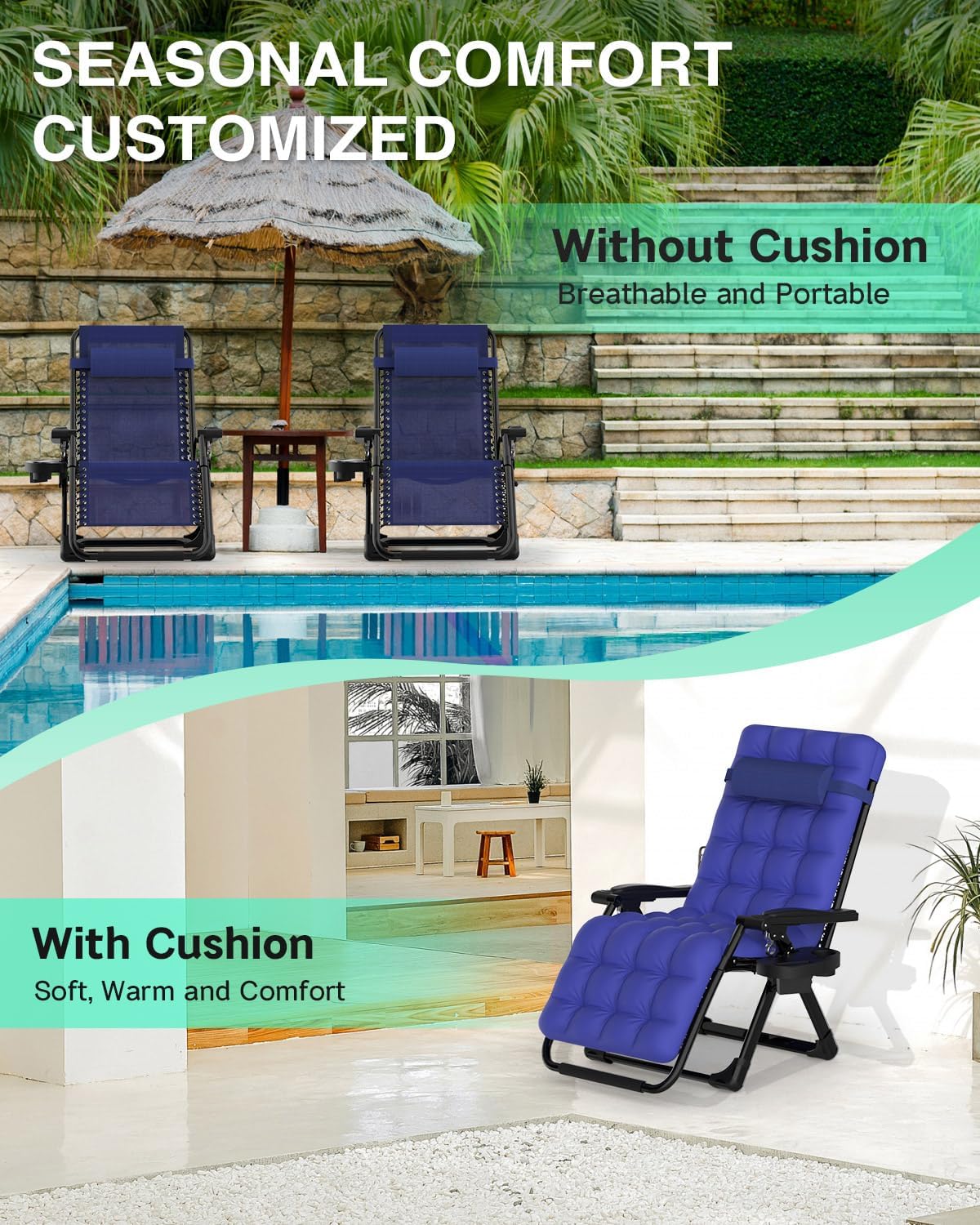 ZENPETIO Zero Gravity Lounge Chair, Foldable Outdoor Recliner with Detachable Cushion, Portable Anti Gravity Lounger for Camping, Patio, Poolside, Lawn - Royal Blue