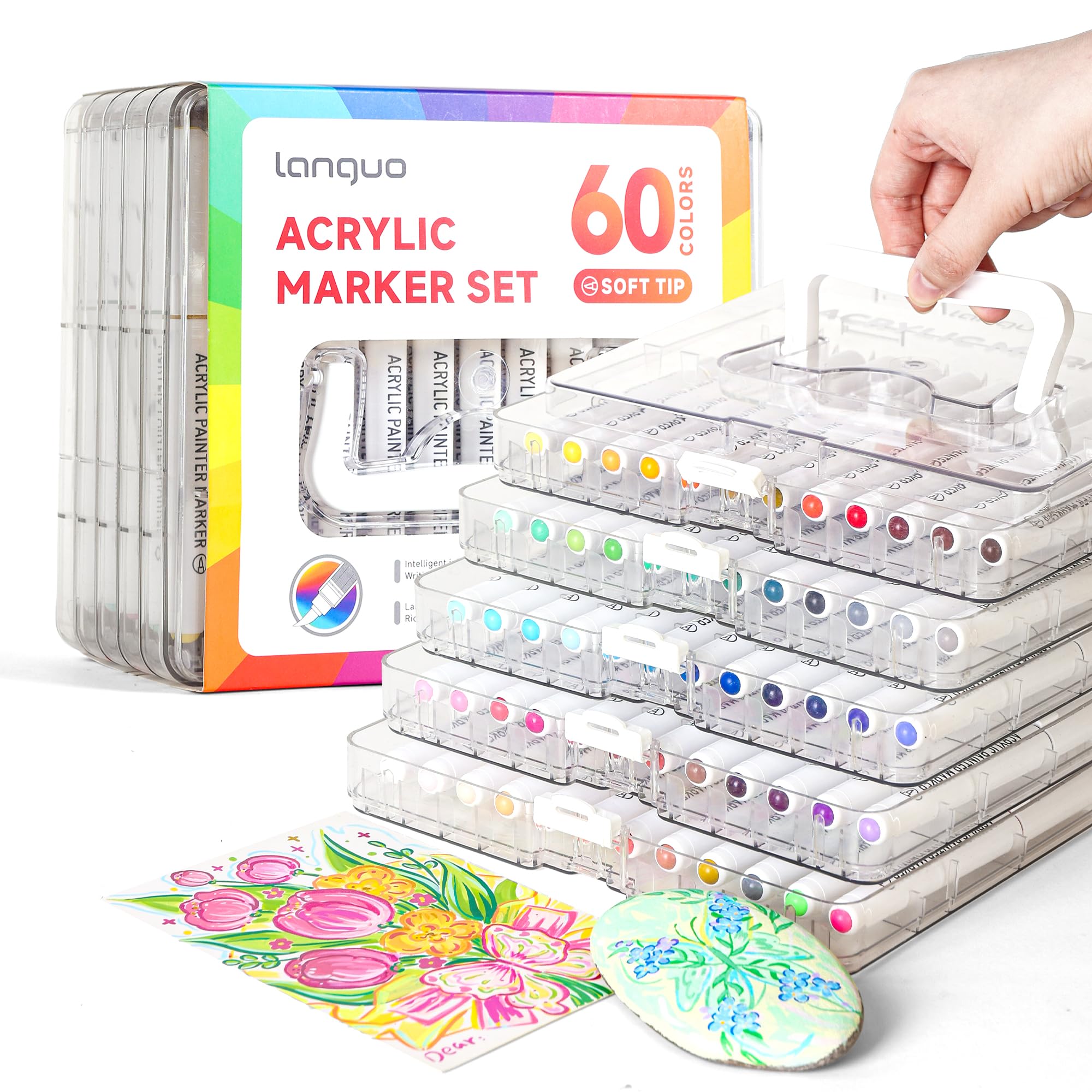 languo 60 Colours Acrylic Paint Markers Pens Set, Soft Brush Tip Markers with Fast-Drying & No-Bleed Ink, Acrylic Paint Pens for Rock, Wood, Egg, Ceramic, Fabric Painting, Art Supplies and DIY Crafts