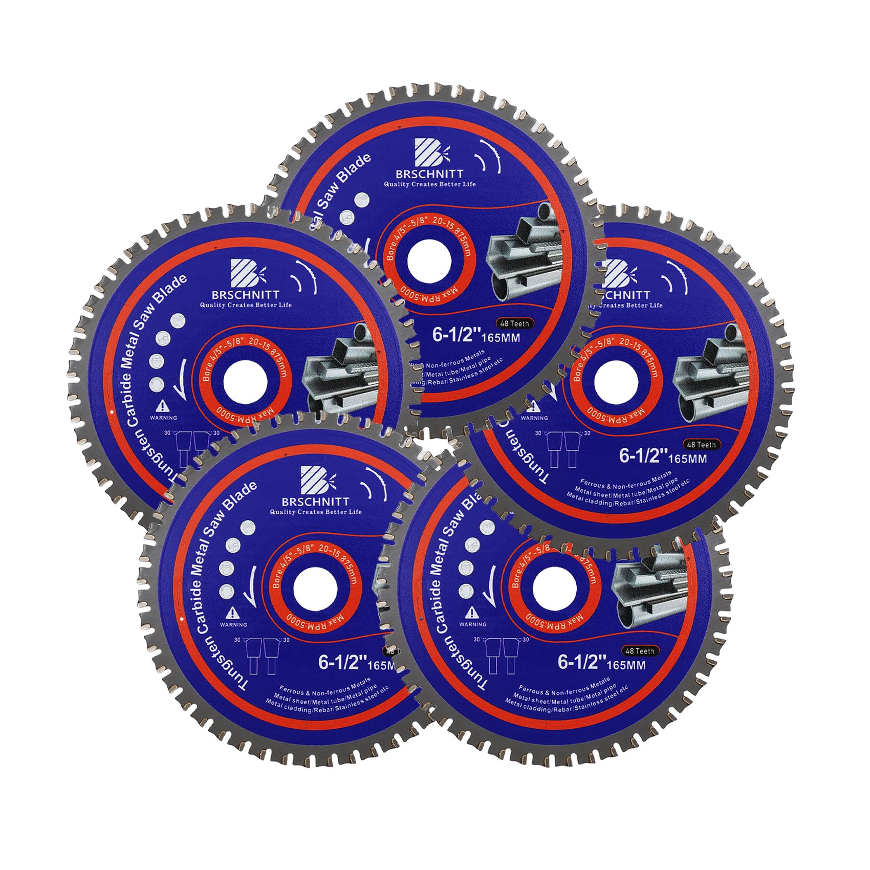 165MM Metal Cutting Circular Saw Blade - BRSCHNITT 5pcs Tungsten Carbide Tipped TCT Saw Blades for Iron, Iron Pipe, Ferrous Metals 48T Arbor:20/15.875MM