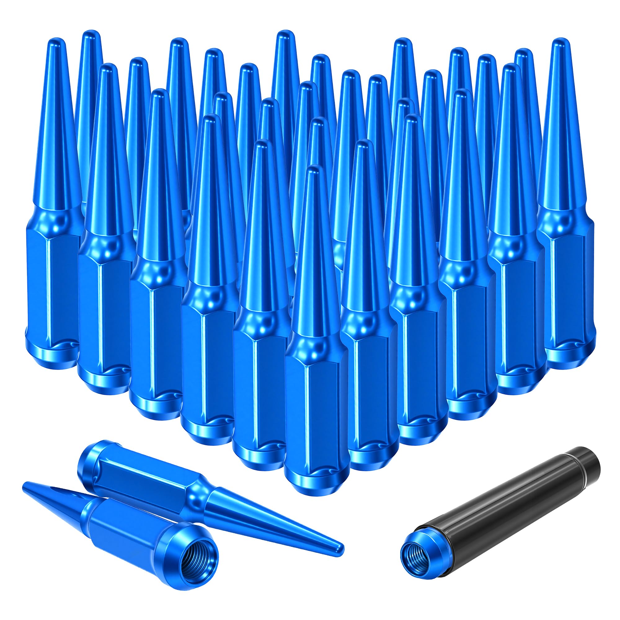 Photo 1 of LUJIANI M12x1.5 Blue Wheel Spike Lug Nuts, 12mmx1.5 Spiked Lug Nut with 1 Socket Key, 4.4" Tall Cone Seat Closed End 3/4" Hex Lugnut Compatible with 2006-2022 Camry Accord RAV4, Set of 24
