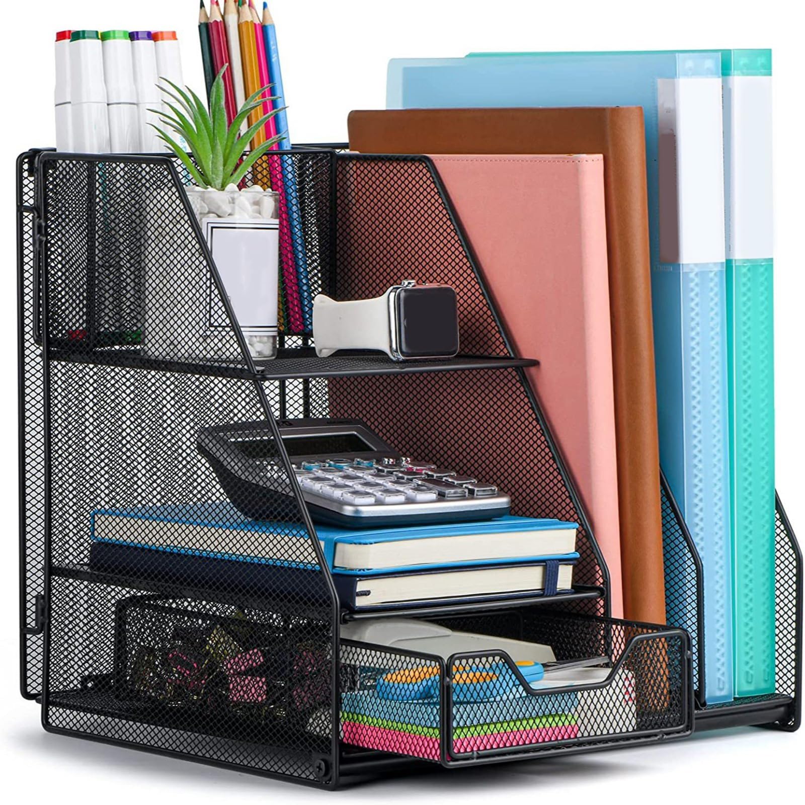 Vassoio portalettere da scrivania in metallo con portapenne e cassetto salvaspazio per organizer per documenti, supporto per diario notebook, proprietario documenti in metallo