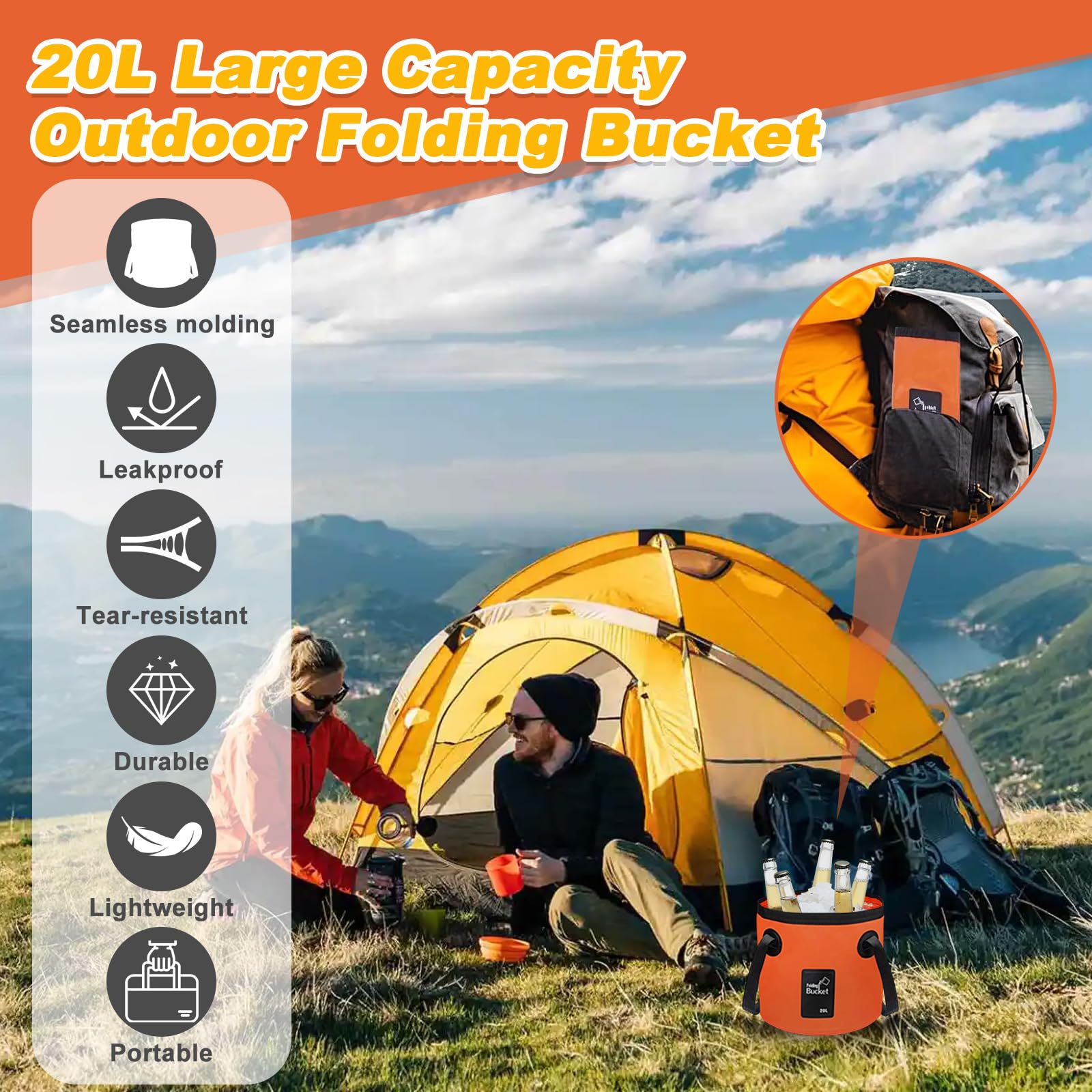 2 Pezzi Secchio Acqua Pieghevole 20 L, Contenitore Portatile Multifunzionale, Secchio Lavaggio Esterno Portatili per Campeggio, Viaggiare, Escursionismo, Pesca, Nautica (Arancione)