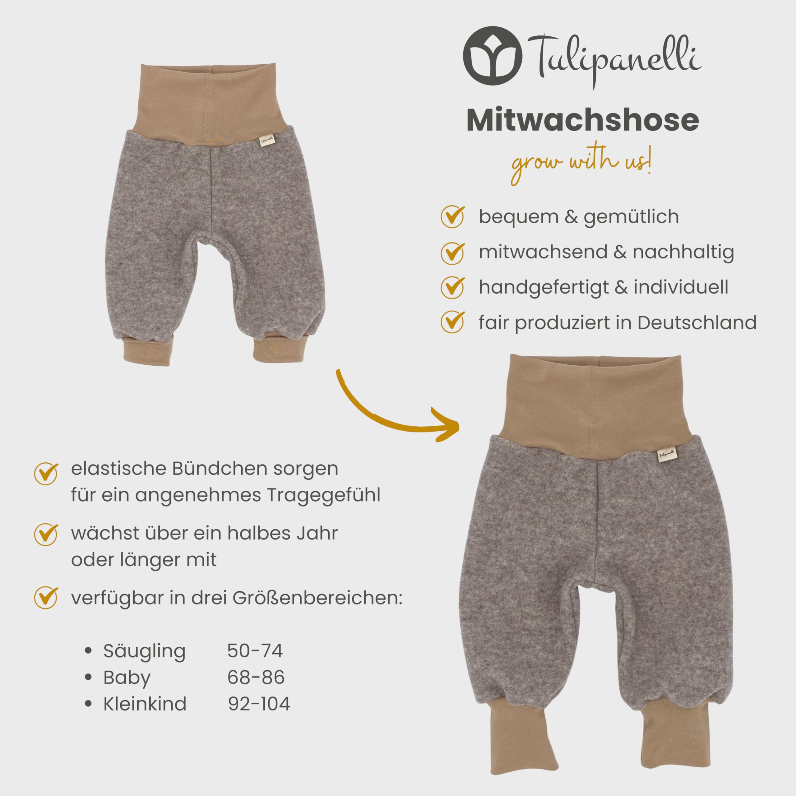 Tulipanelli Mitwachsende Babyhose aus Merino Wollfleece - Wollhose für Babys und Kleinkinder - Mitwachshose aus Merinowolle - Größen 50-74 | 68-86 | 92-104 - Einfarbig Unifarben