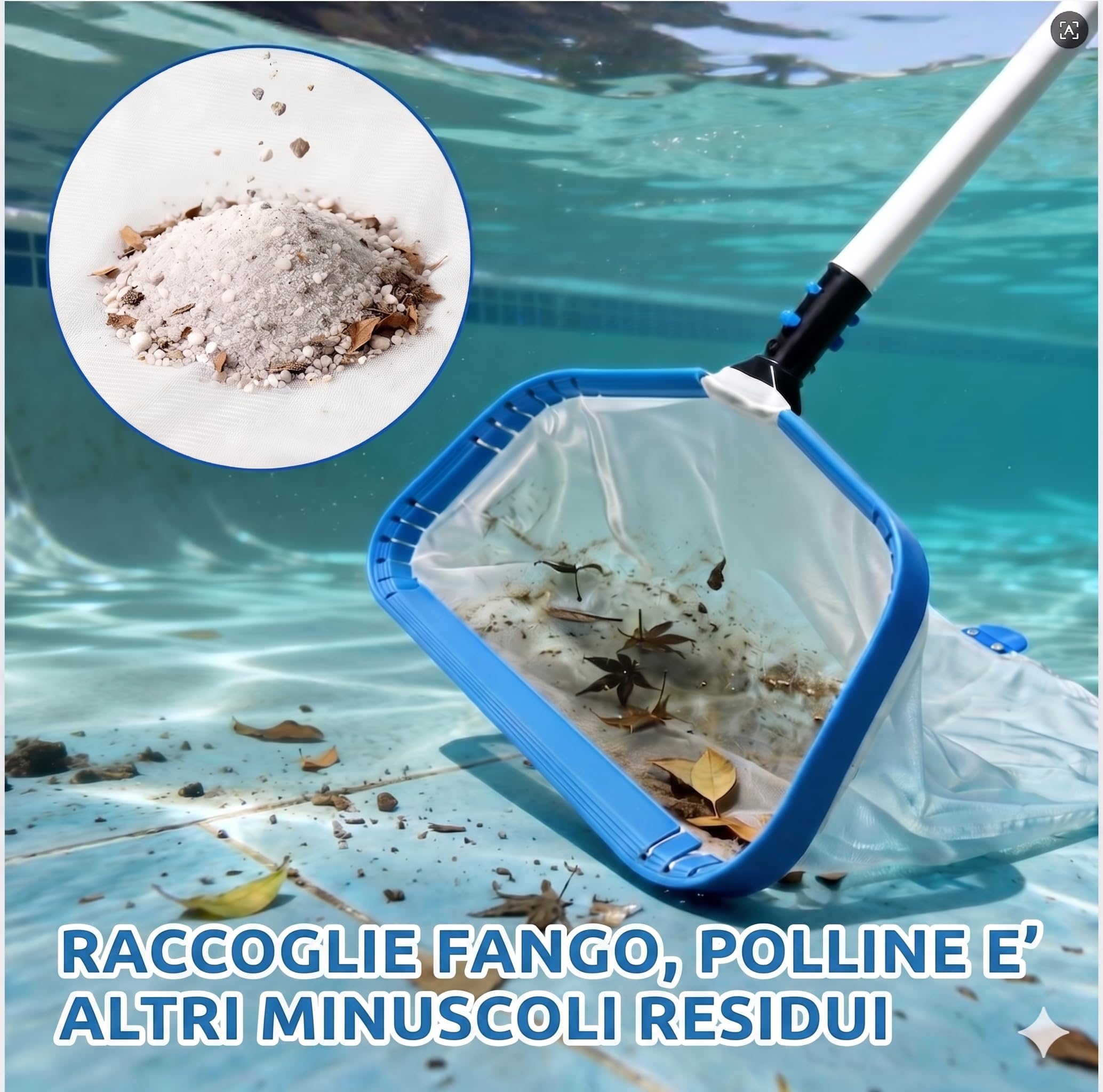 Retino per Piscina 44 cm con Asta in Alluminio da 3 m (8 Sezioni), Rete Ultra Fine per Pollini e Piccole Particelle, Telaio in Alluminio Resistente con Protezione, Asta Rinforzata 1,2 mm