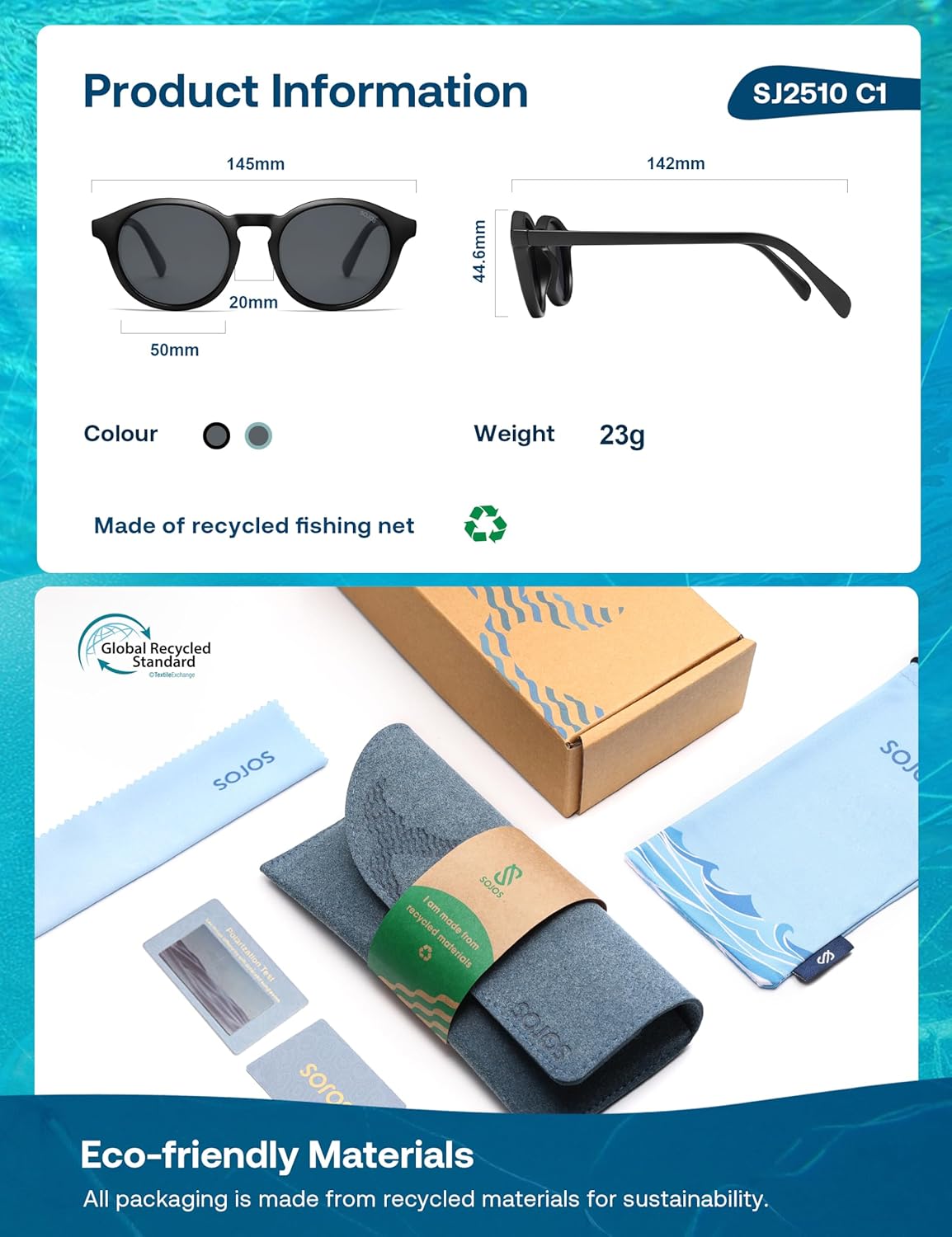 SOJOS Ocean Collection Polarized Retro Round Sunglasses for Women Men Recycled Fishing Net Frame Eco-friendly, Arctic Ocean - Image 5