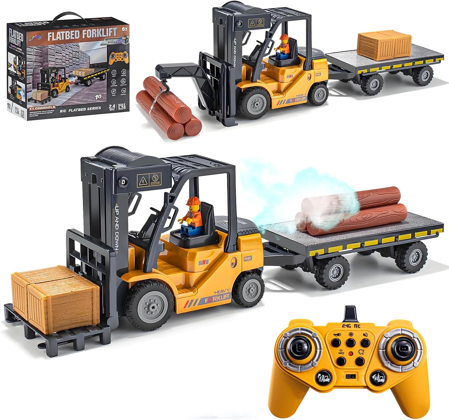 2.4Ghz Remote Control Forklift Toys,RC Forklift Truck with Spray, Cool Lights,Sound,1/24 Scale 11 Channel Rechargeable Construction Toys Gift for Kids