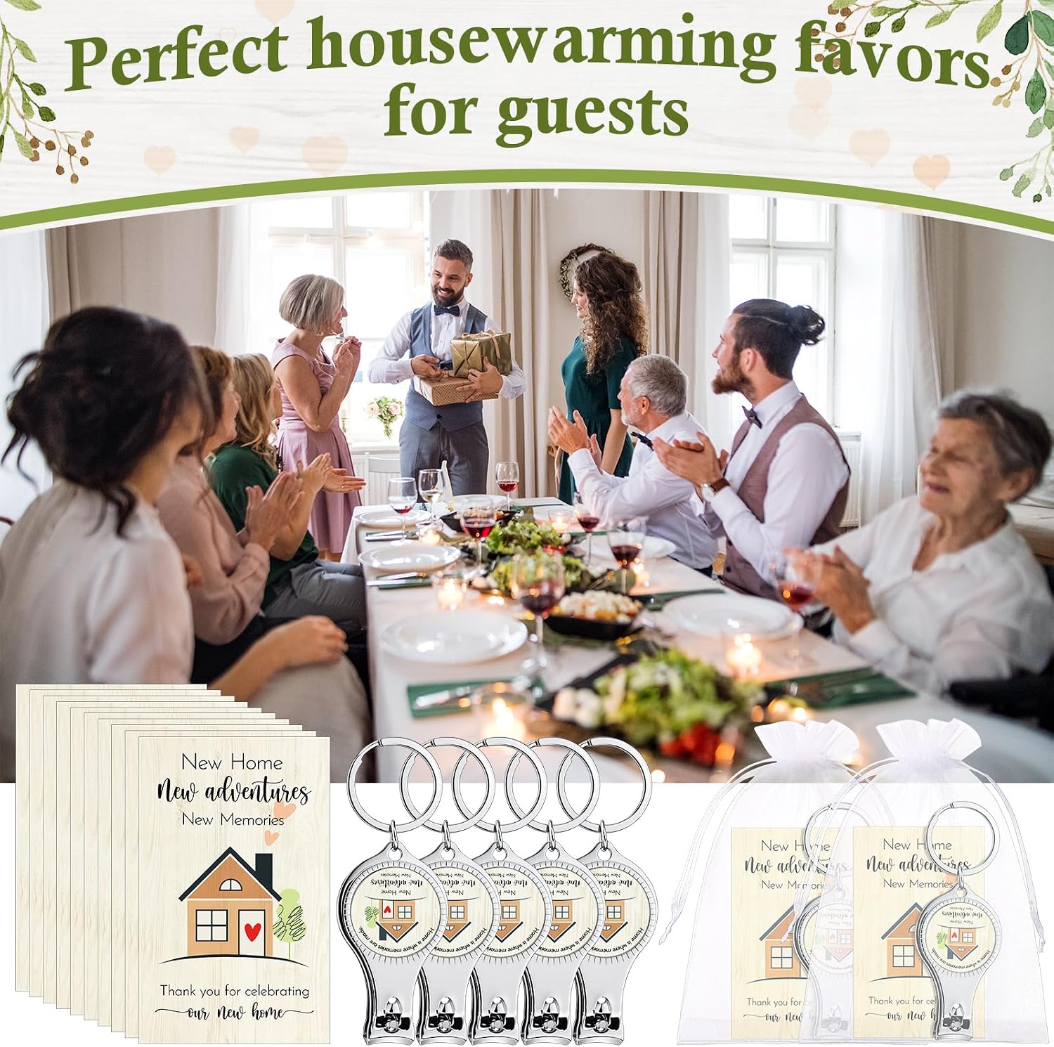Lasnten 30 Sets Housewarming Party Favors Decorations for Guests Home Nail Clippers Keychain Bottle Opener with Thank You Cards Organza Bags House Warming Return Gifts New Home Guests Souvenirs Party