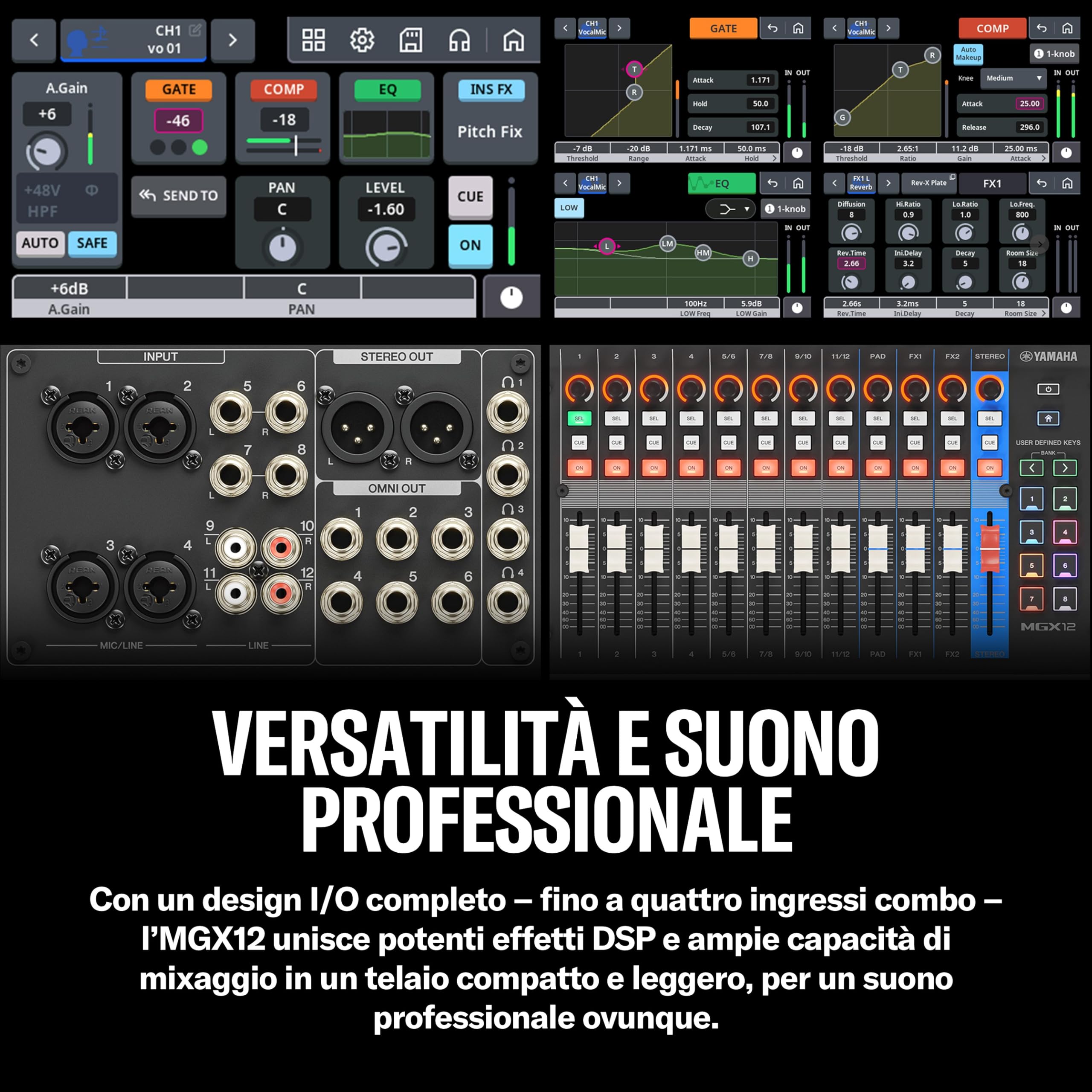 YAMAHA MGX12 Console di Mixaggio Digitale con LCD Touch, Bluetooth, Nero | Mixer Compatto con Doppia USB, Registrazione Multitraccia su microSD e Strumenti Audio Intelligenti