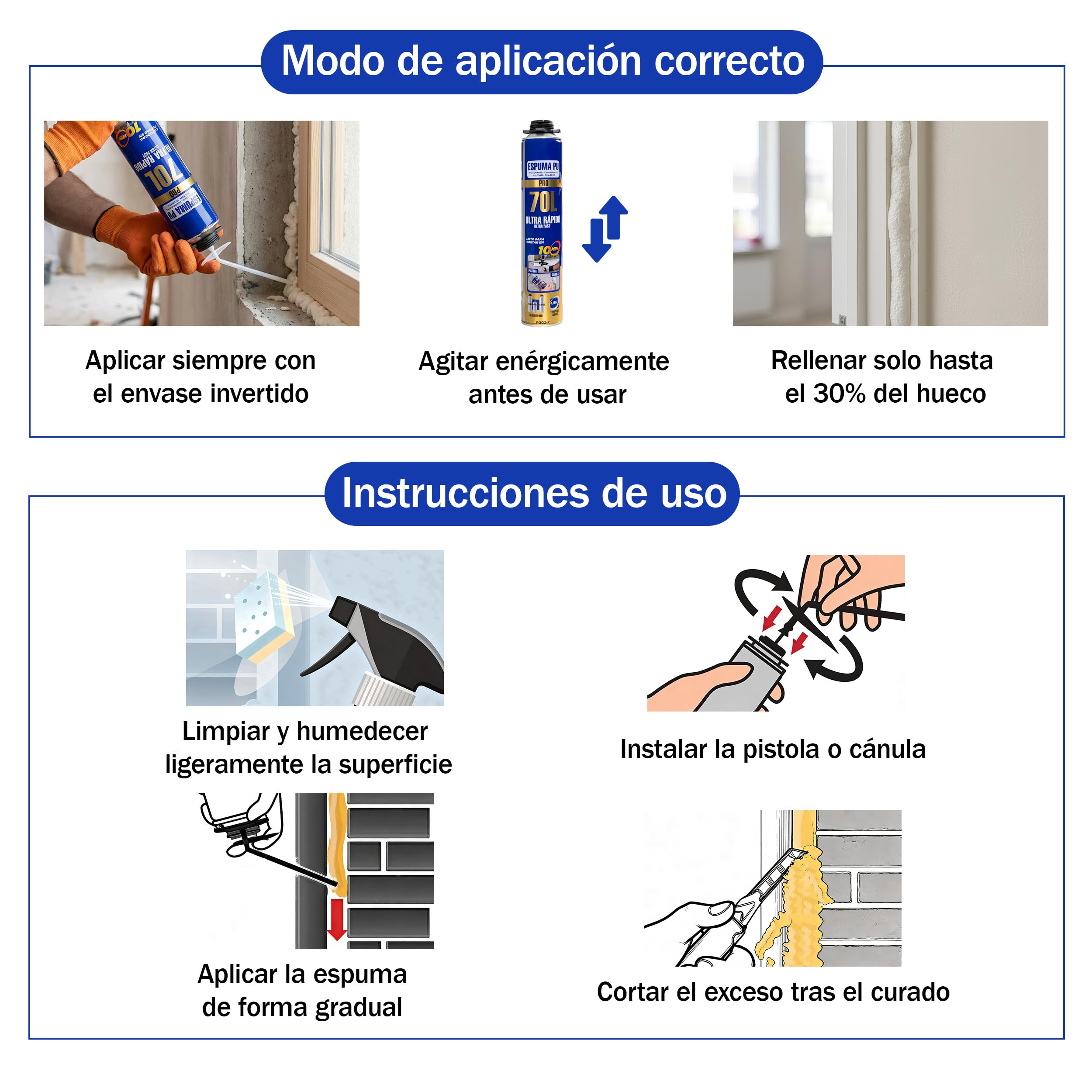 Espuma de Poliuretano 70L 750ml con Cánula – Espuma Expansiva Ultra Rápida para Sellado de Grietas y Huecos – Aislamiento Térmico y Acústico – Espuma para Construcción, Puertas y Ventanas x8 Unidades