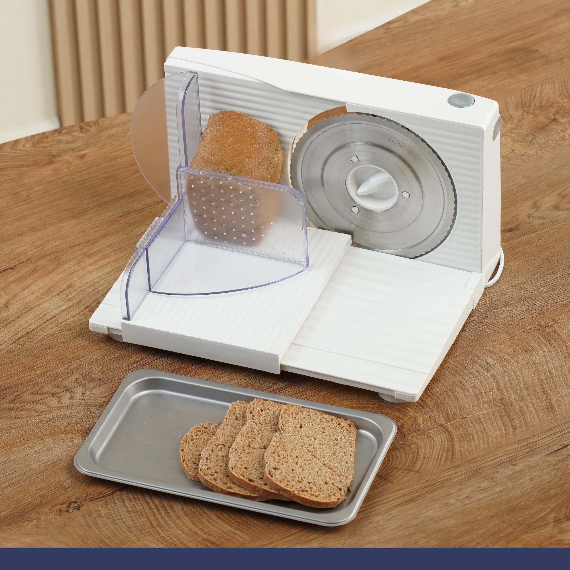 Sommertal Affettatrice universale AS170 150 W in acciaio inox con lama seghettata, pieghevole e salvaspazio, affettatrice elettrica, affettatrice professionale, bianca, 0-15 mm