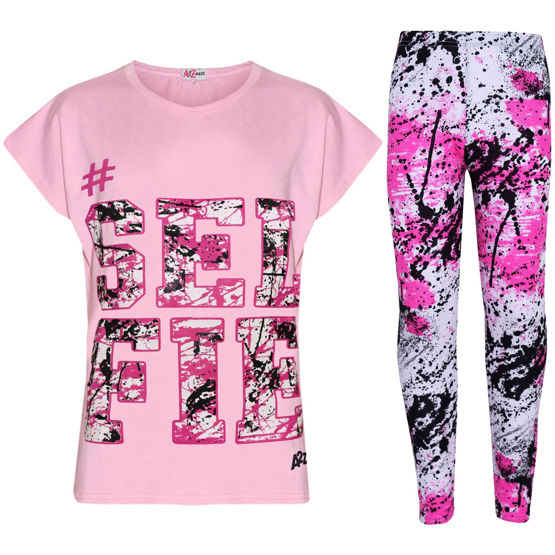A2Z 4 Kids Girls Top Kids SELFIE Splash Print T Shirt And Legging Set - Selfie Splash Set. Baby Pink 9-10